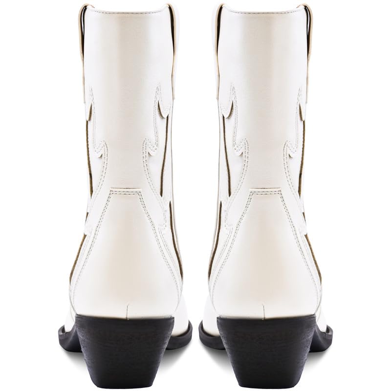 Cowboy Boots for Women Pointed Toe Pull On Boots Metallic Embroidered Western Cowgirl Boots with Chunky Heel for Wide Calf