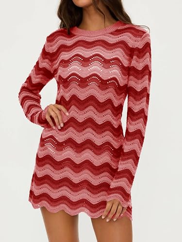 Women's Crochet Colorful Mesh Summer Long Sleeve Cover Ups Casual Striped Beach Wear Knit Mini Dresses