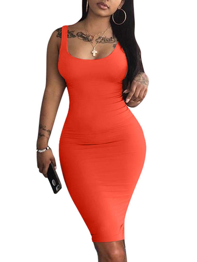 LAGSHIAN Women's Sexy Bodycon Tank Dress Sleeveless Basic Midi Club Dresses