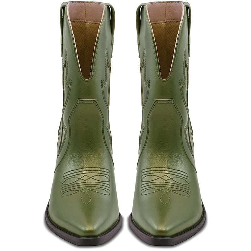 Cowboy Boots for Women Pointed Toe Pull On Boots Metallic Embroidered Western Cowgirl Boots with Chunky Heel for Wide Calf