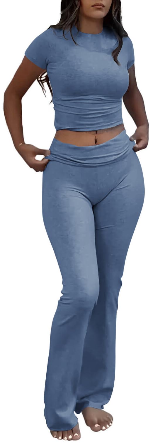 ZFLM Casual Workout Two Piece Outfits for Women Short Sleeve Crop High Waist Foldover Flare Pants Tracksuit Sets Streetwear