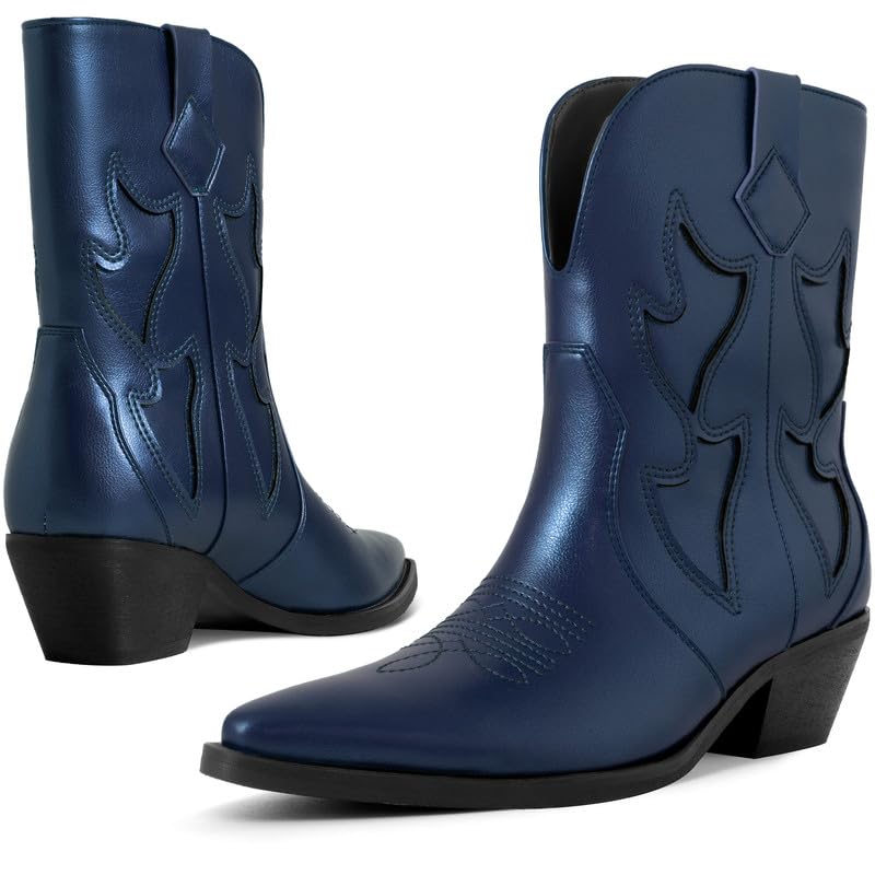 Cowboy Boots for Women Pointed Toe Pull On Boots Metallic Embroidered Western Cowgirl Boots with Chunky Heel for Wide Calf