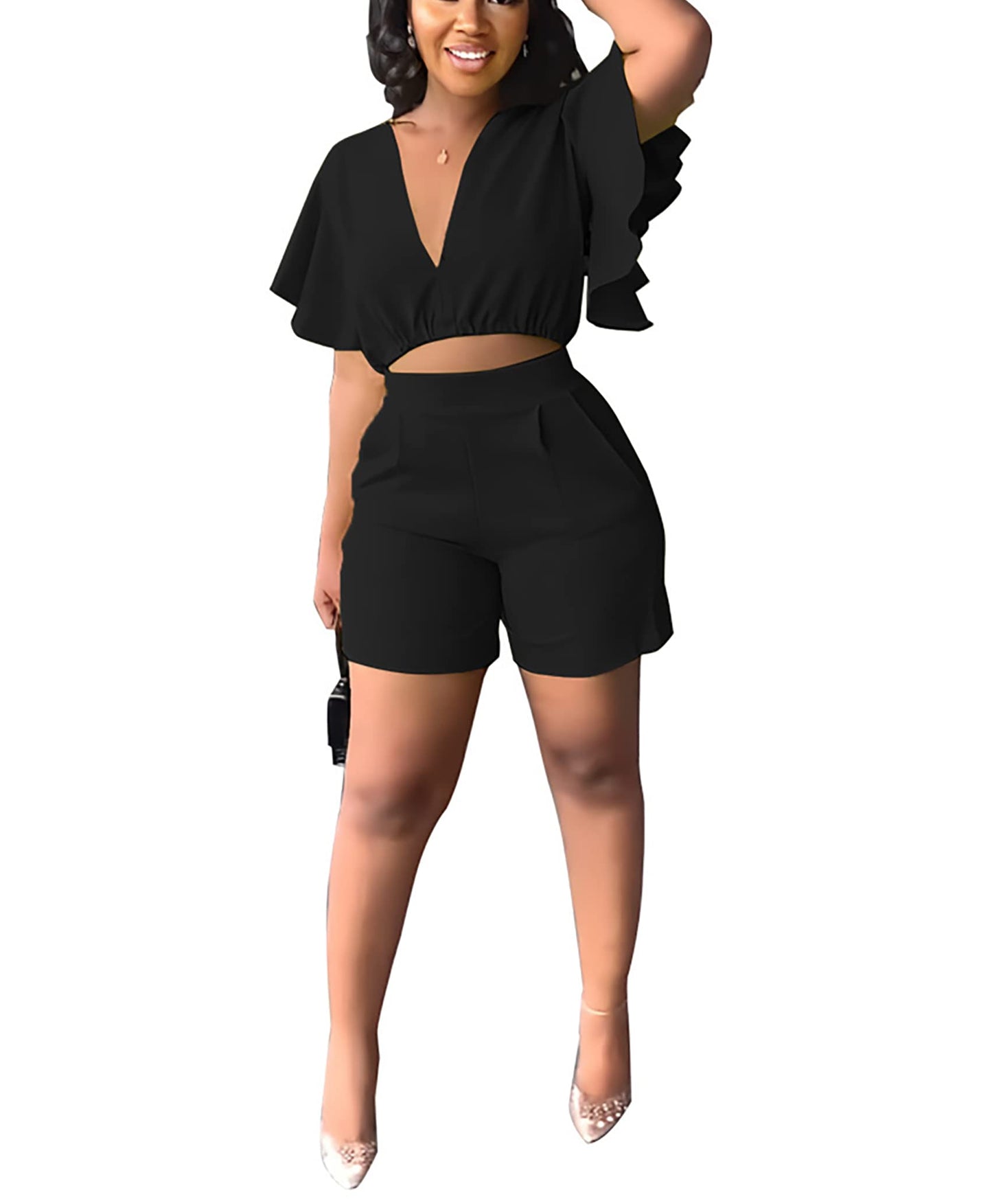 Fooullaide Womens Summer 2 Piece Outfit Set Crop Top Butterfly Sleeve Short Set Sexy Beach Vacation 2pc Sets