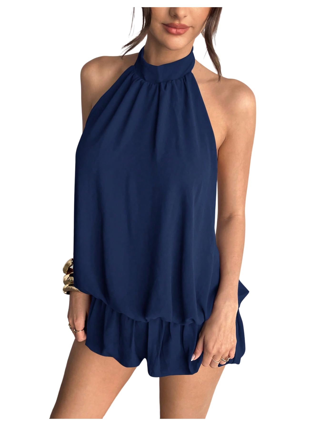 Floerns Women's Y2k Summer Halter Dress Tie Open Back Sleeveless Ruffle Hem Bubble Going Out Mini Dresses
