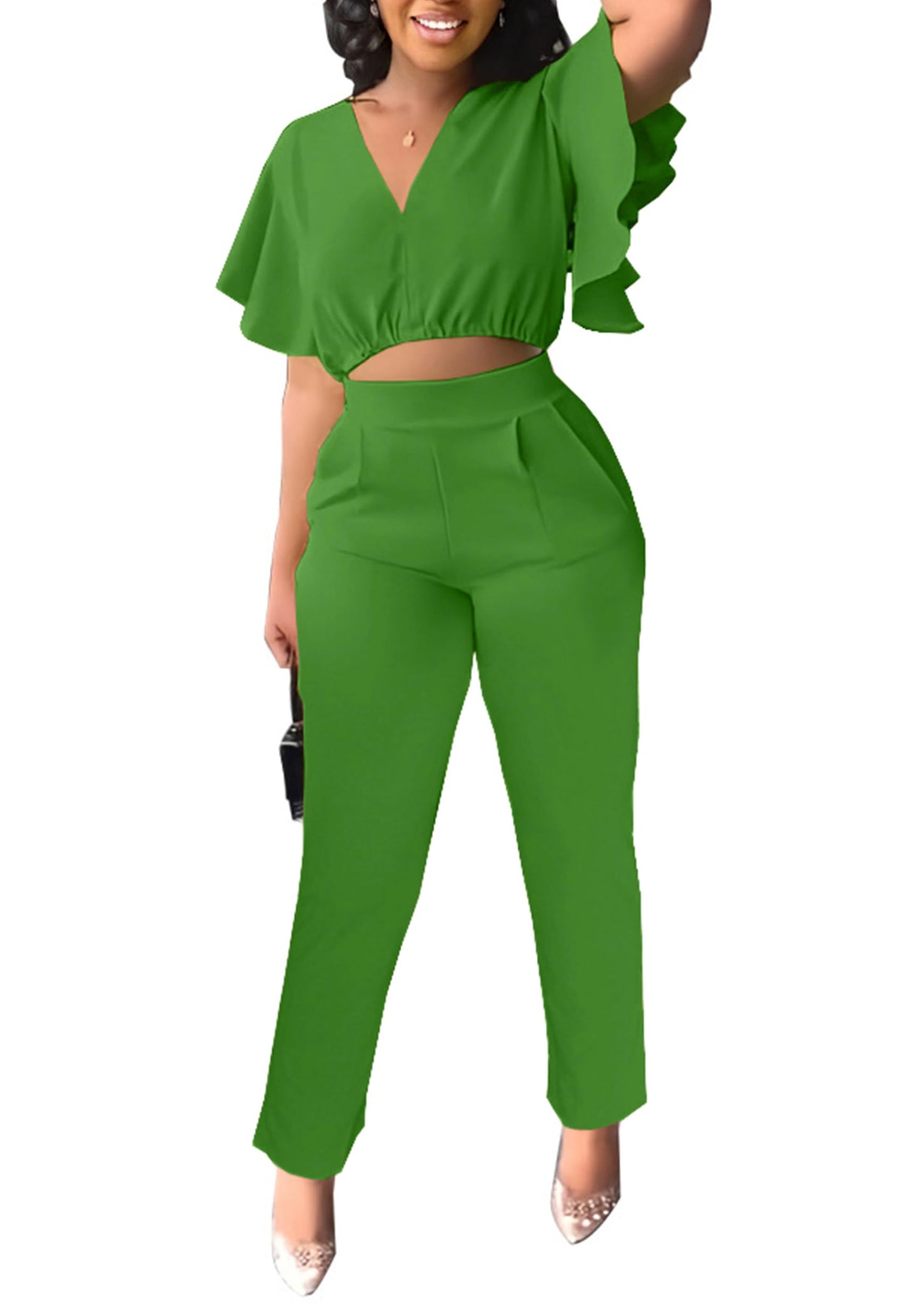 Fooullaide Womens Summer 2 Piece Outfit Set Crop Top Butterfly Sleeve Short Set Sexy Beach Vacation 2pc Sets