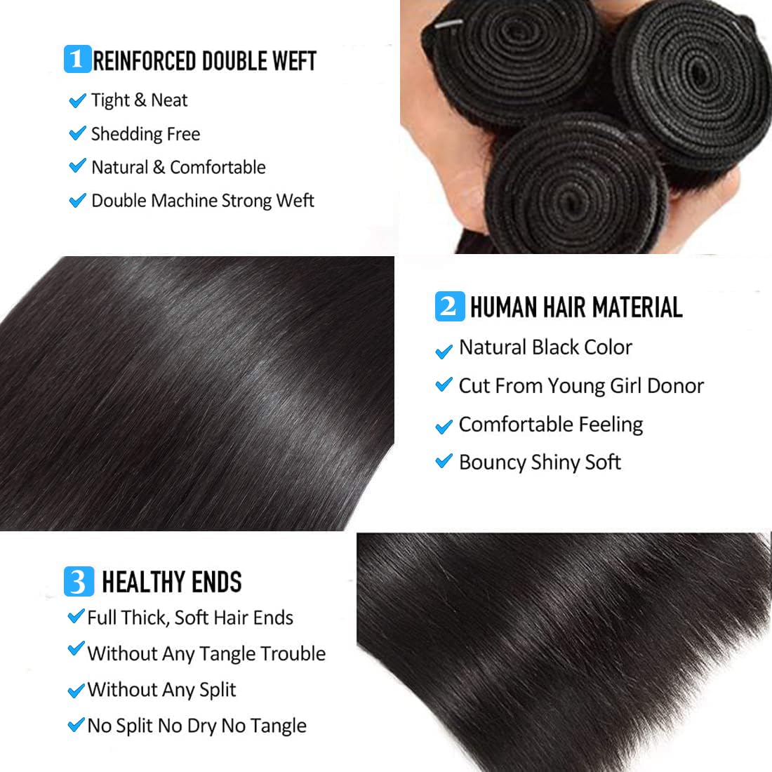 Straight Bundles Human Hair 12 14 16 Inch 100% Unprocessed Brazilian Virgin Hair Straight Weave Bundle Human Hair Bundles Real Natural Black Human Hair Extensions
