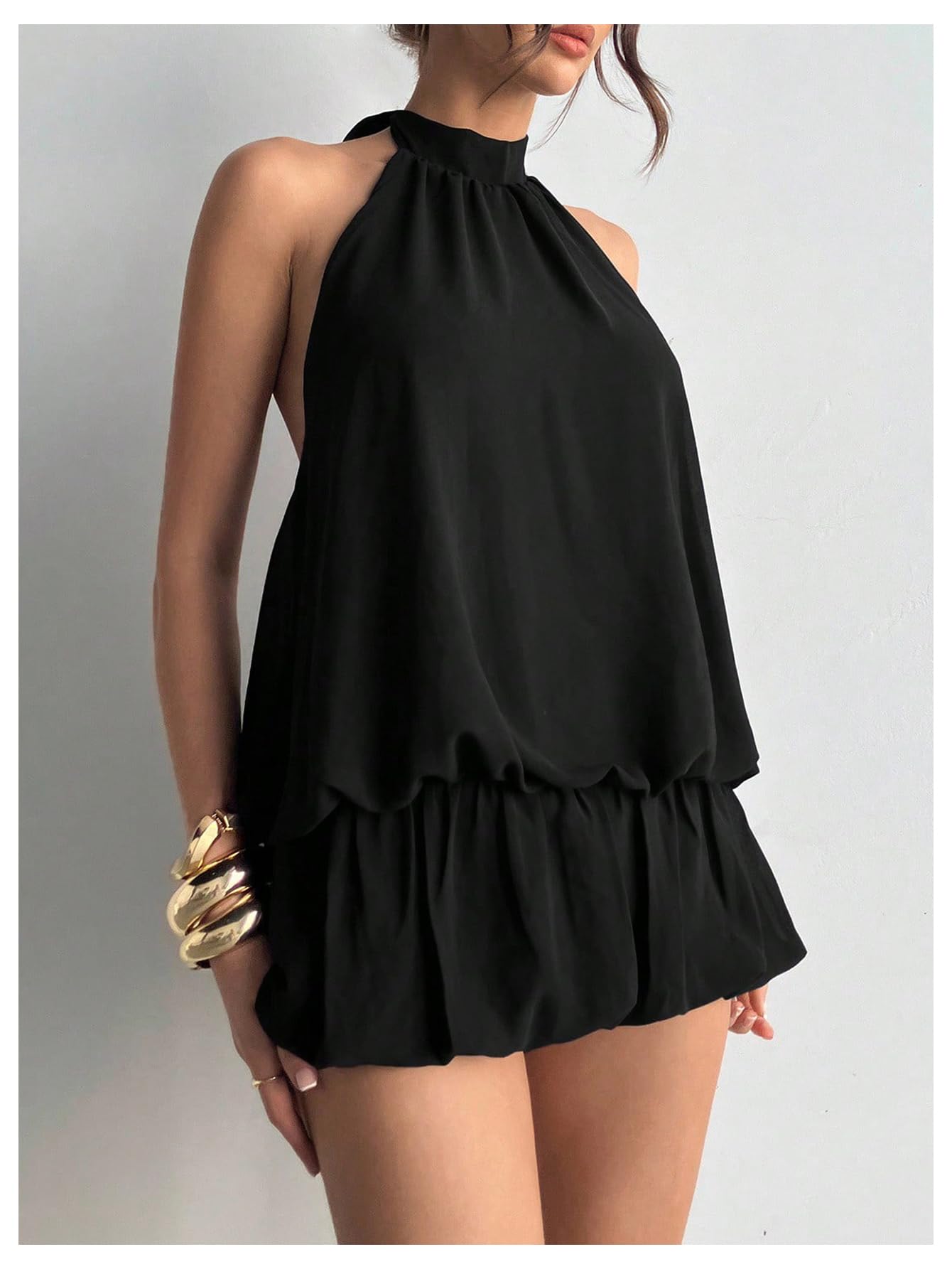 Floerns Women's Y2k Summer Halter Dress Tie Open Back Sleeveless Ruffle Hem Bubble Going Out Mini Dresses