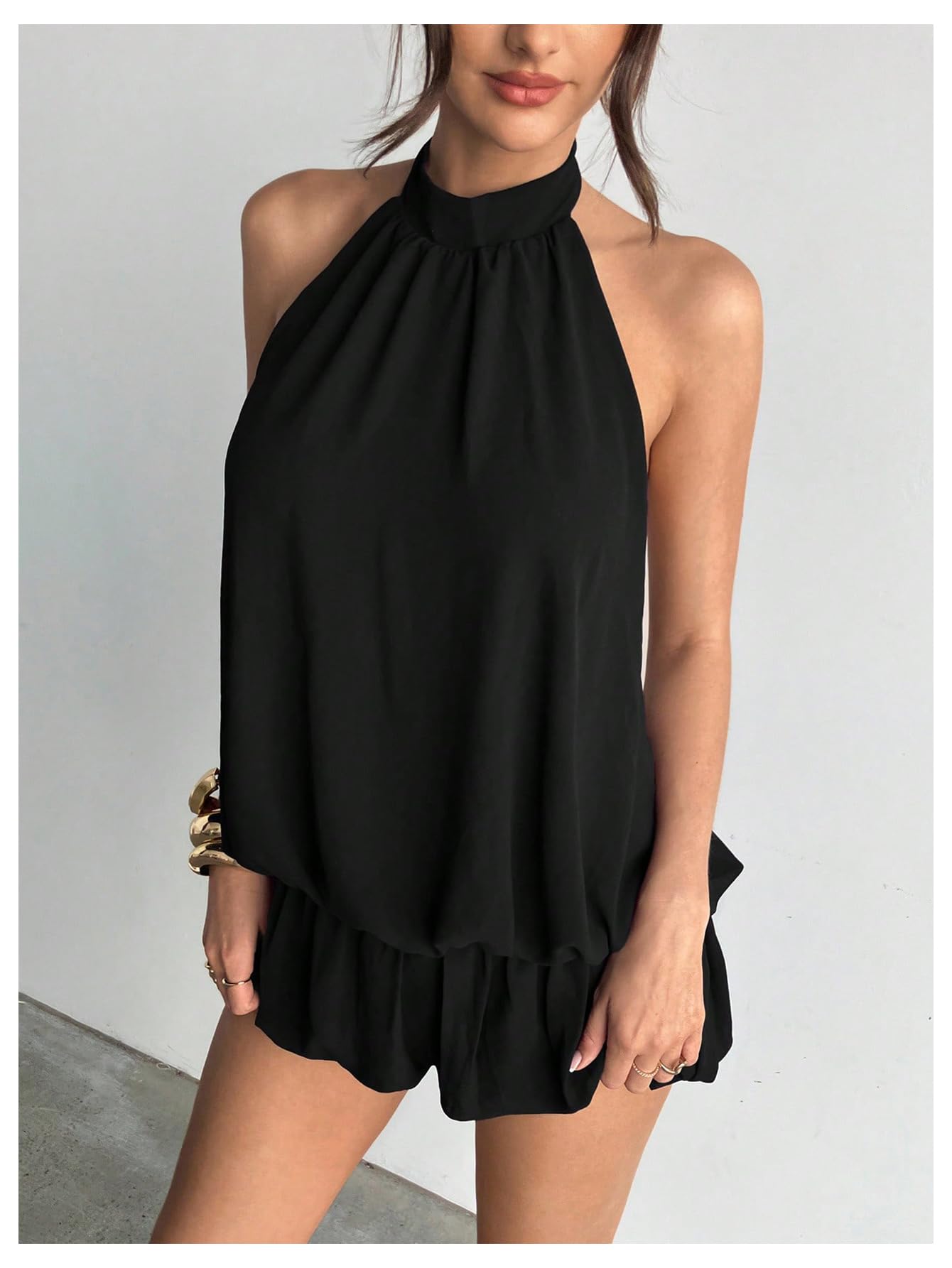 Floerns Women's Y2k Summer Halter Dress Tie Open Back Sleeveless Ruffle Hem Bubble Going Out Mini Dresses