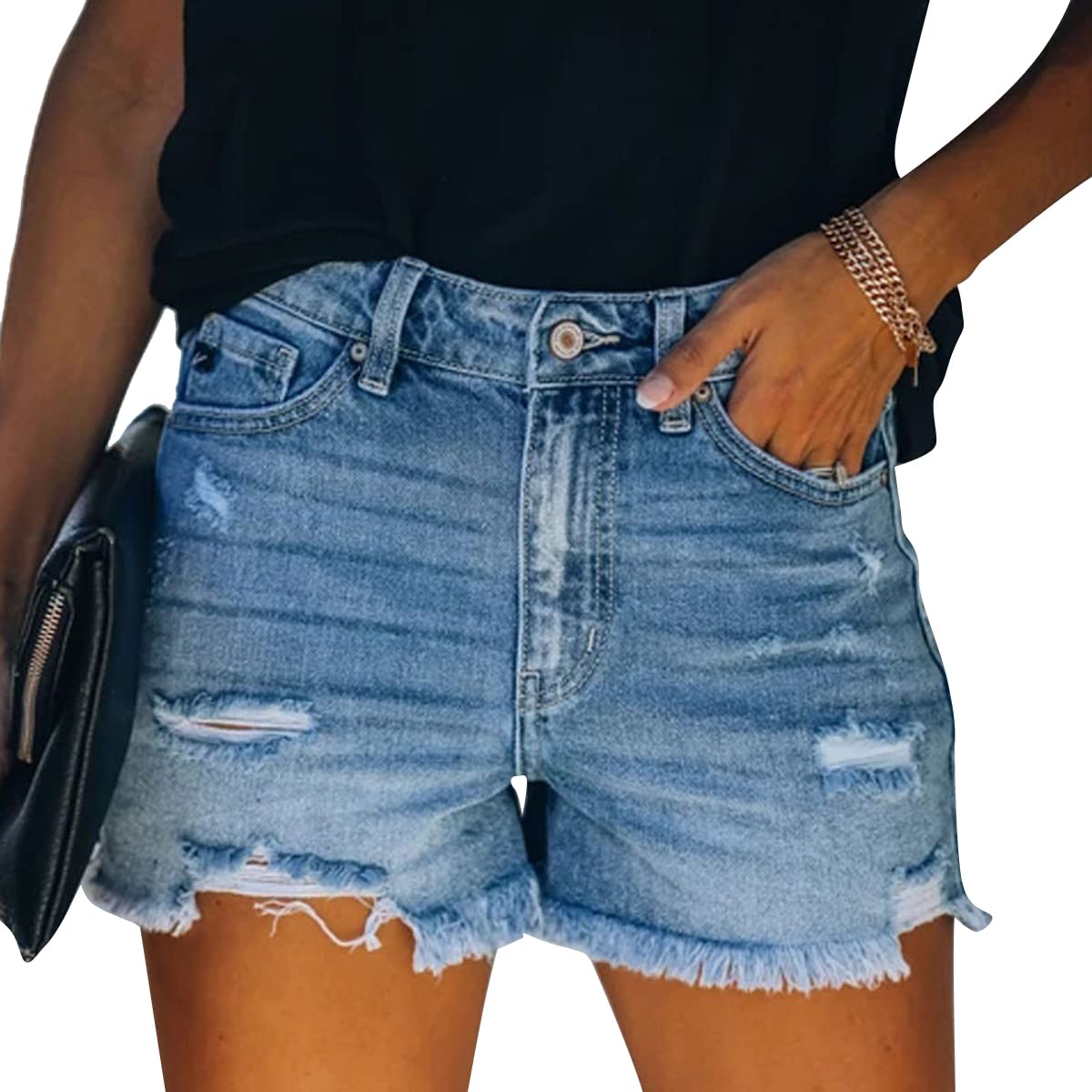 vanberfia Women's Stretchy Denim Mid Rise Jean Shorts with Pockets…
