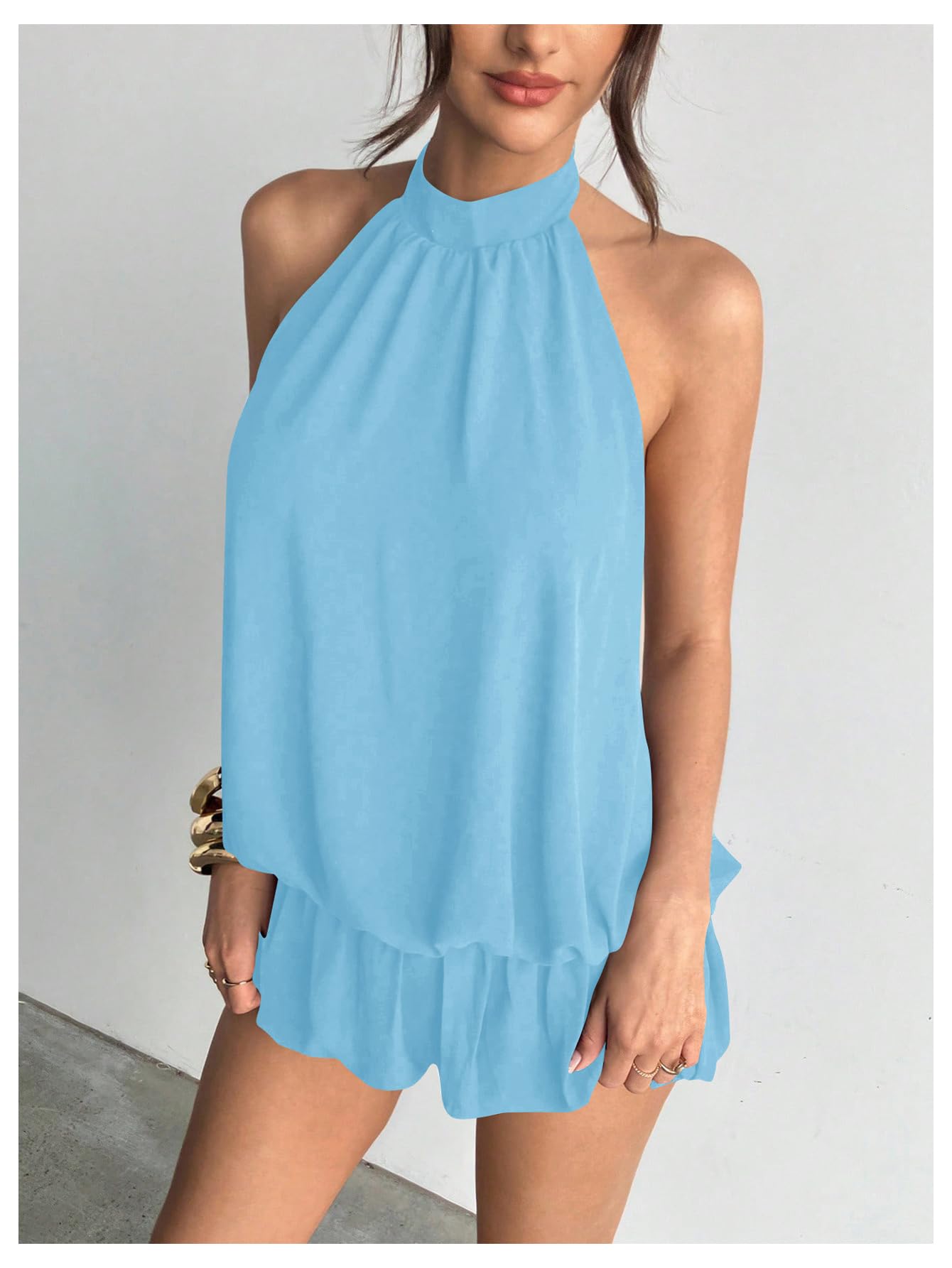 Floerns Women's Y2k Summer Halter Dress Tie Open Back Sleeveless Ruffle Hem Bubble Going Out Mini Dresses