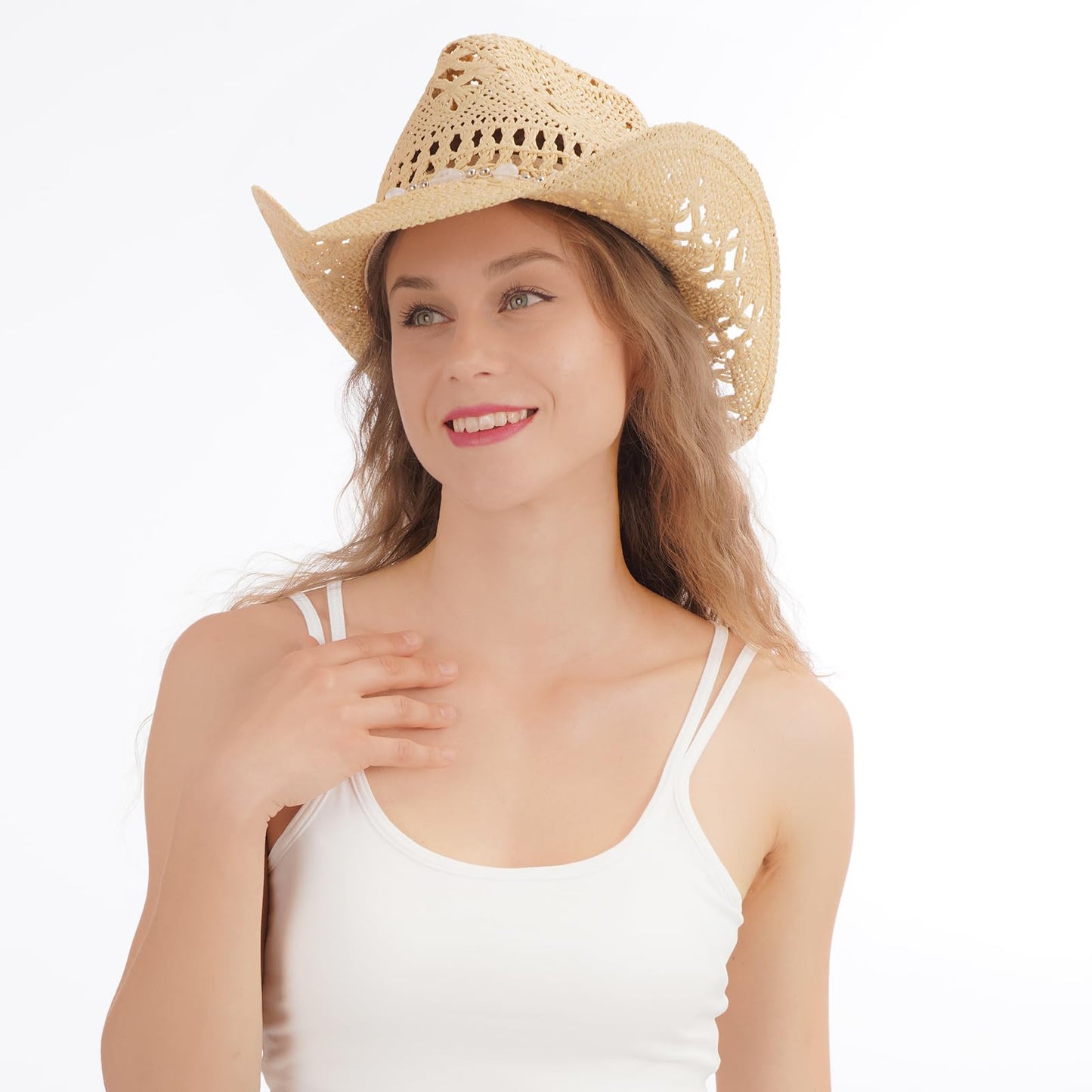 WQWOVRVO Cowboy Hat,Cowgirl Hat,Cowboy Hats for Women/Mens/Straw Wide with Shapeable Brim Cowboy Hat for Womens/White/Black.