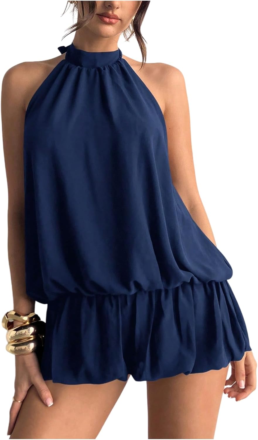 Floerns Women's Y2k Summer Halter Dress Tie Open Back Sleeveless Ruffle Hem Bubble Going Out Mini Dresses