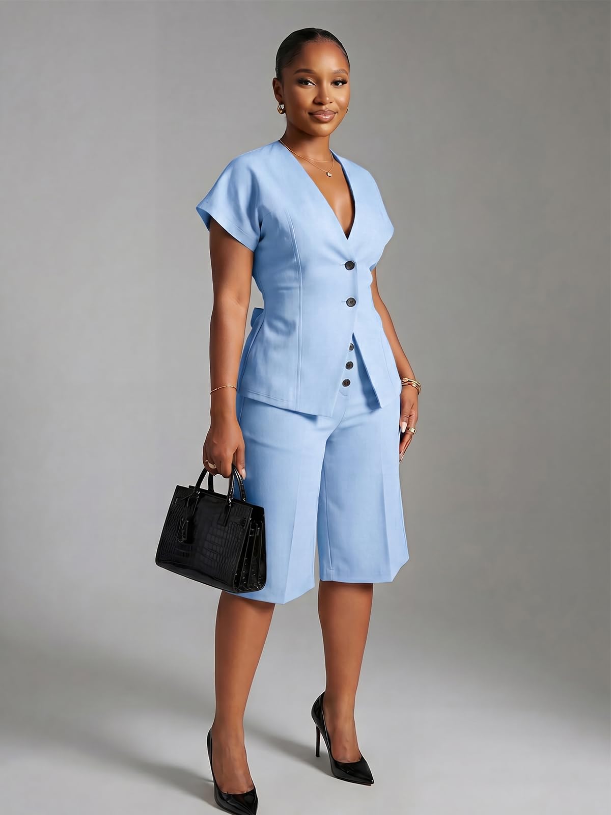 Women's Summer 2 Pieces Suits Set Short Sleeve Blazer Wide Leg Knee-Length Pants Sets Business Casual Outfit
