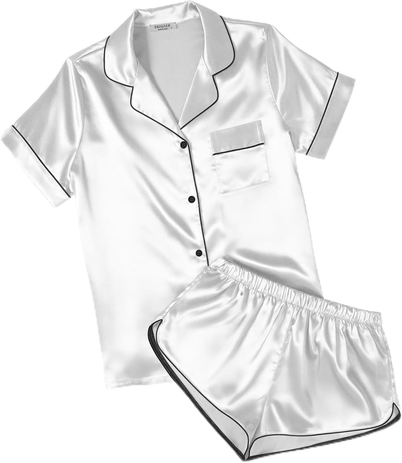 Ekouaer Womens Silk Satin Pajamas Short Sleeve PJS Shorts Set Soft Button Down Sleepwear 2 Piece Loungewear S-5XL