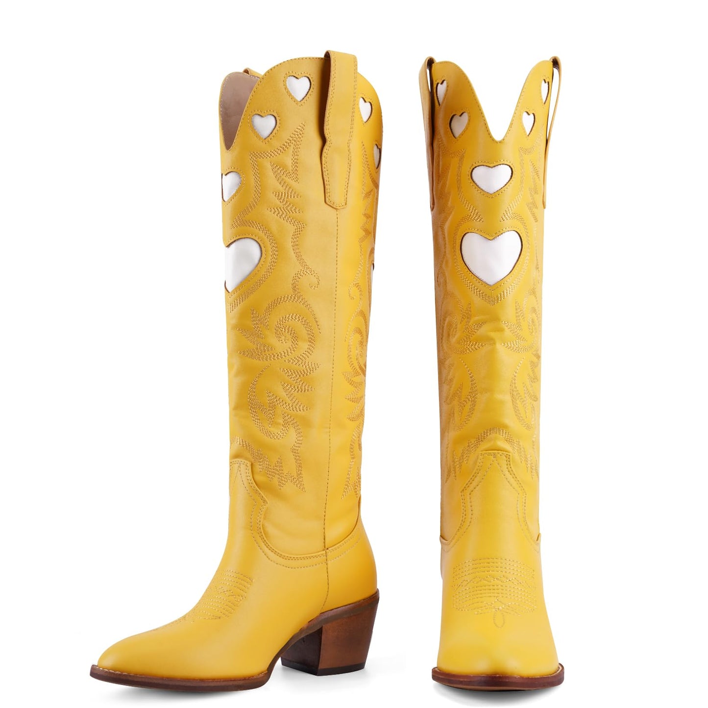 Cowboy Boots for Women Wide Calf Round Toe Chunky Stacked Heel Knee High Cowgirl Boot Heart Pattern Classic Embroidered Tall Western Booties Pull on
