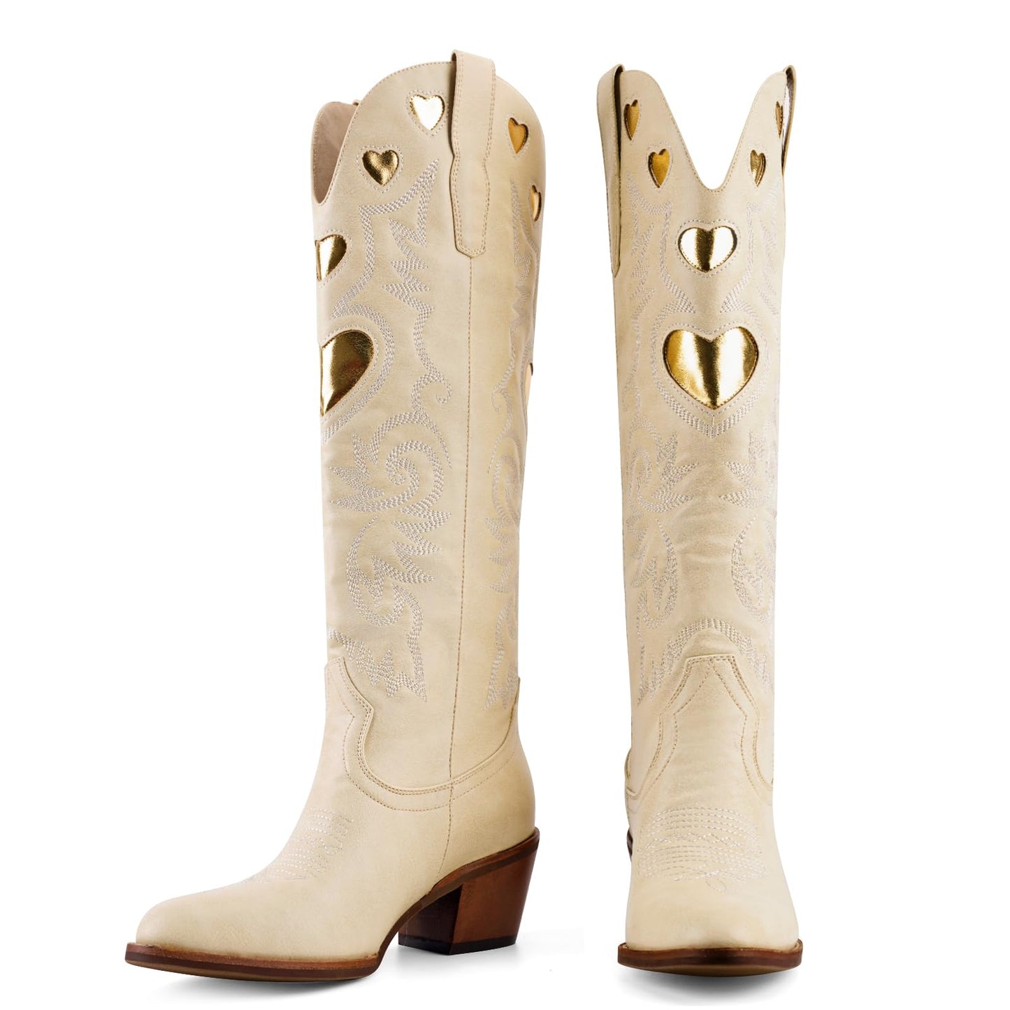 Cowboy Boots for Women Wide Calf Round Toe Chunky Stacked Heel Knee High Cowgirl Boot Heart Pattern Classic Embroidered Tall Western Booties Pull on