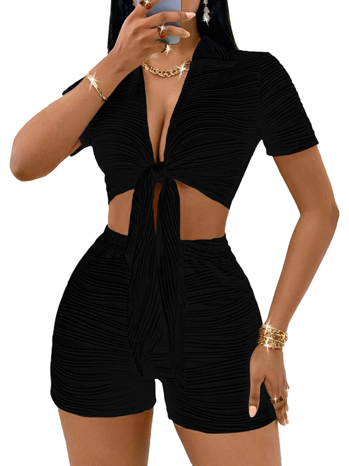 MSLG Women's Sexy 2 Piece Set Solid Summer Bodycon Suit Casual Tie Front Short Sleeve V Neck Crop Top Shorts Outfits Sets S42