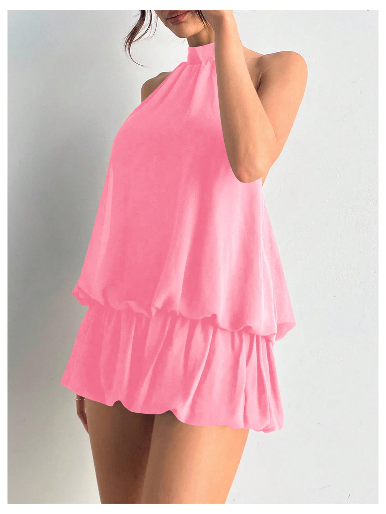 Floerns Women's Y2k Summer Halter Dress Tie Open Back Sleeveless Ruffle Hem Bubble Going Out Mini Dresses