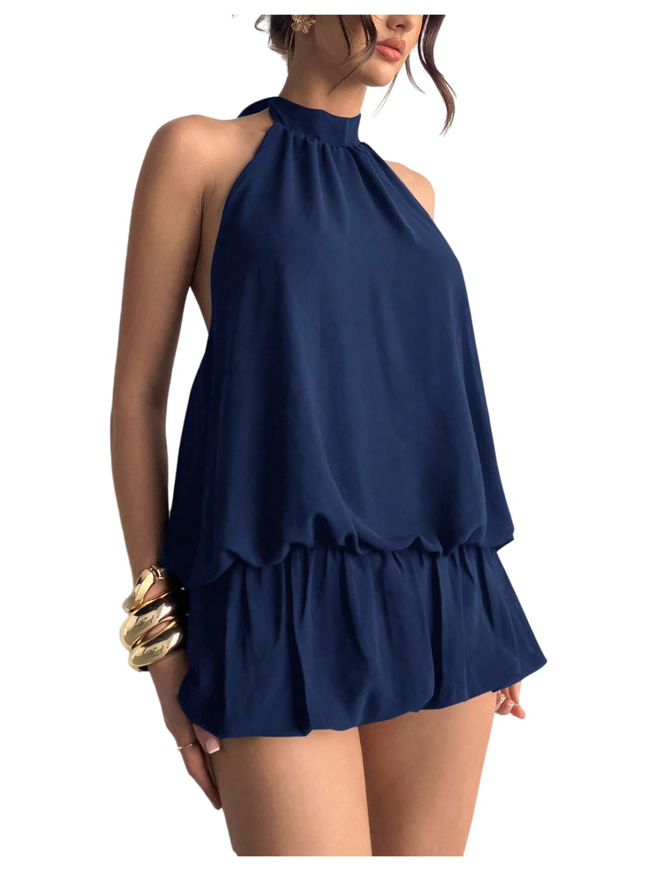 Floerns Women's Y2k Summer Halter Dress Tie Open Back Sleeveless Ruffle Hem Bubble Going Out Mini Dresses