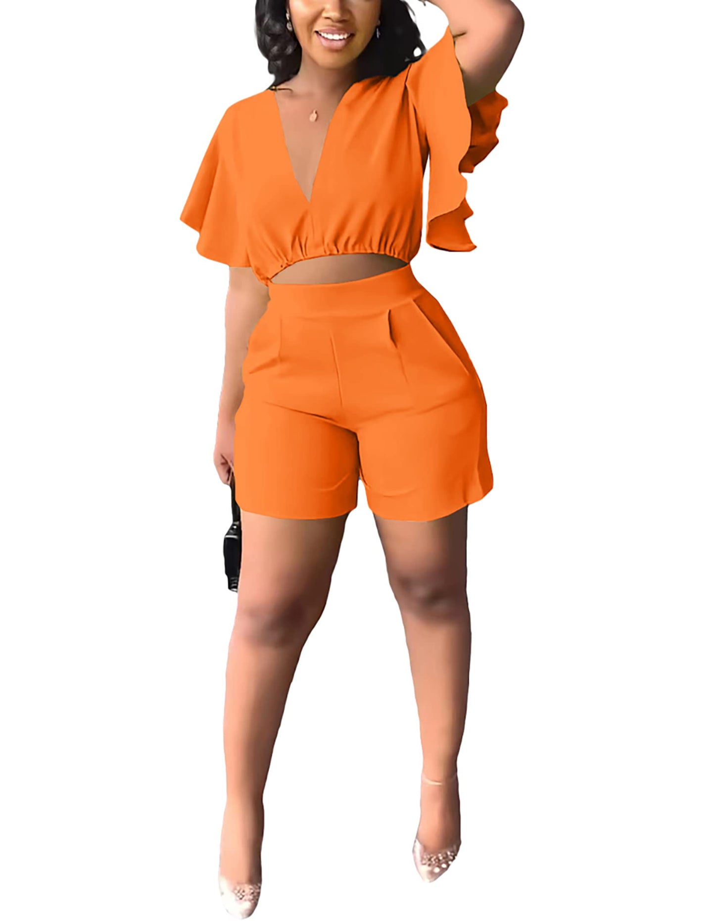Fooullaide Womens Summer 2 Piece Outfit Set Crop Top Butterfly Sleeve Short Set Sexy Beach Vacation 2pc Sets