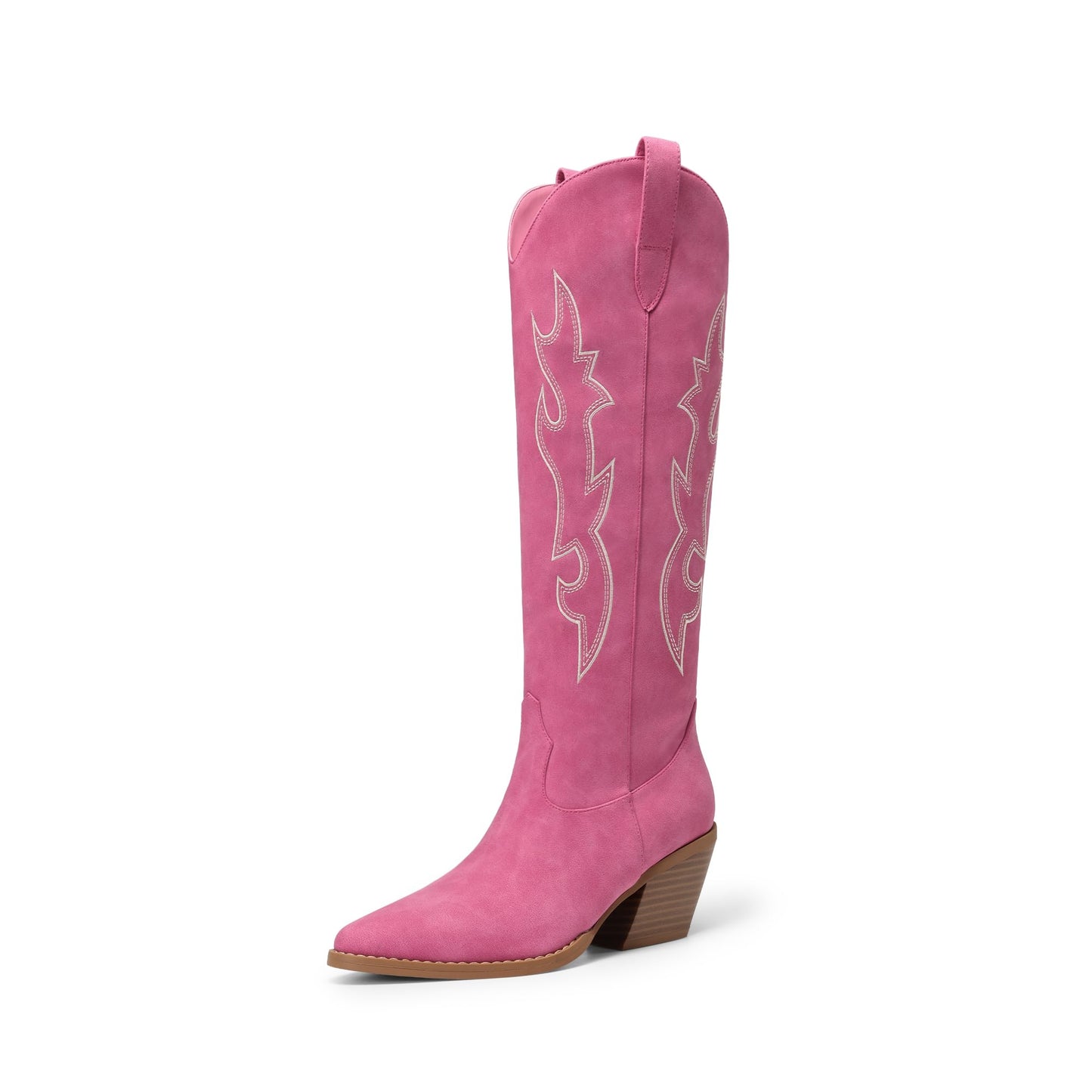 DREAM PAIRS Cowgirl Boots Women Knee High Cowboy Boots Pointed Toe Chunky Block Heel Suede Tall Western Boots with Embroidered