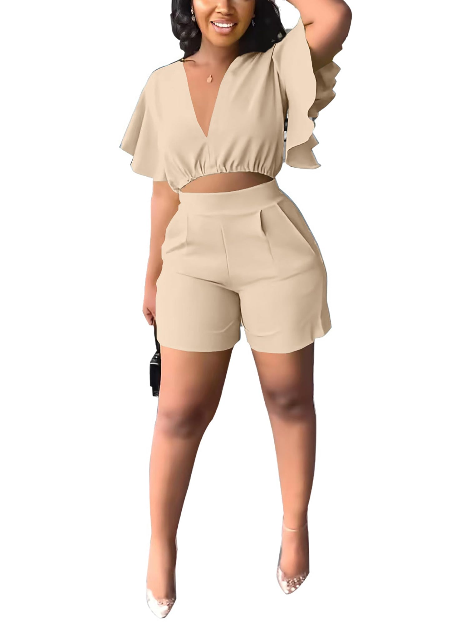 Fooullaide Womens Summer 2 Piece Outfit Set Crop Top Butterfly Sleeve Short Set Sexy Beach Vacation 2pc Sets