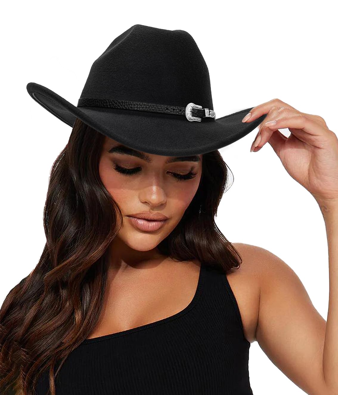 Eohak Womens Western Cowboy Hats Studded Pinched Western Cowgirl Hats Wide Brim Fedoras Hat with Belt Buckle (Size:Medium)