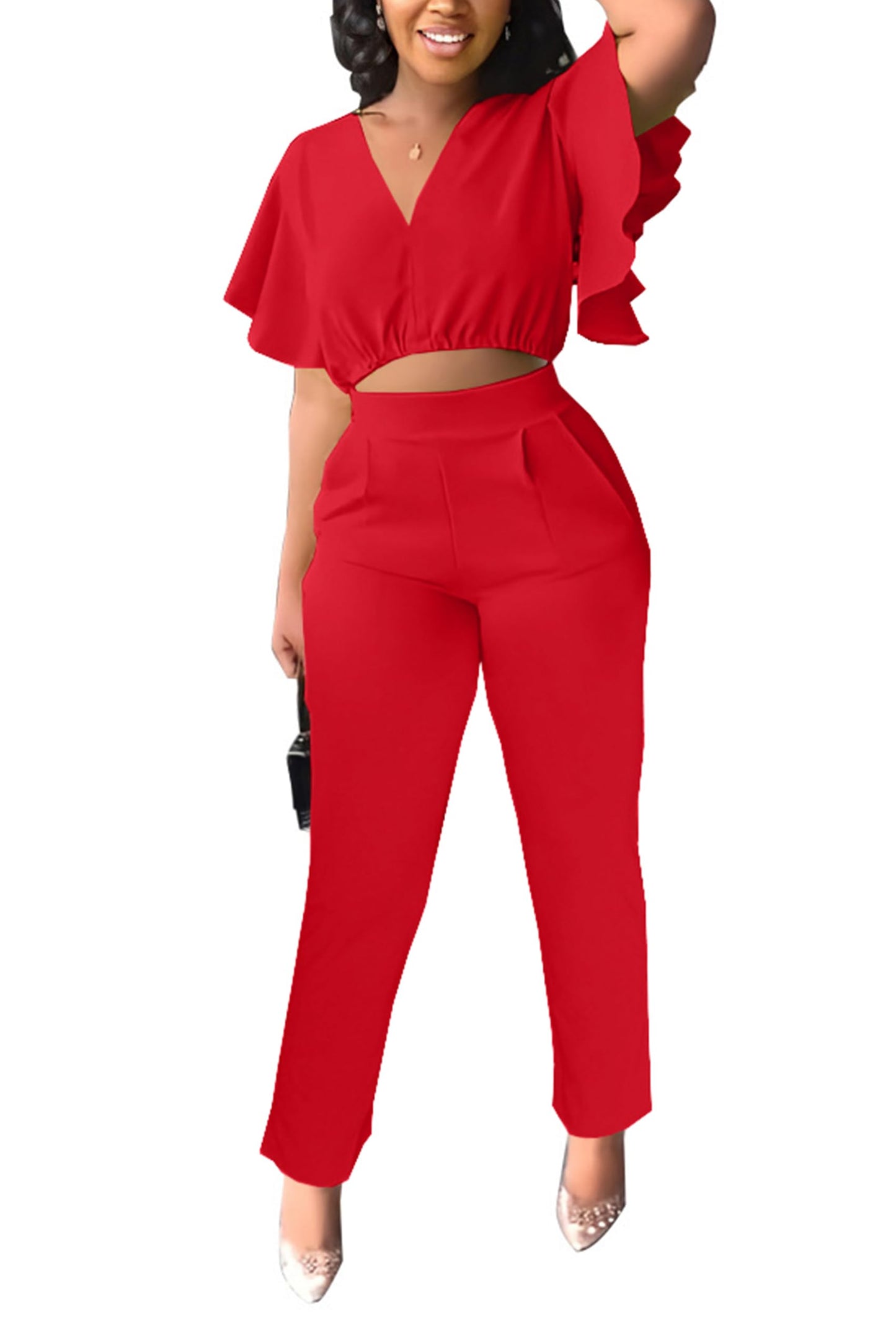 Fooullaide Womens Summer 2 Piece Outfit Set Crop Top Butterfly Sleeve Short Set Sexy Beach Vacation 2pc Sets