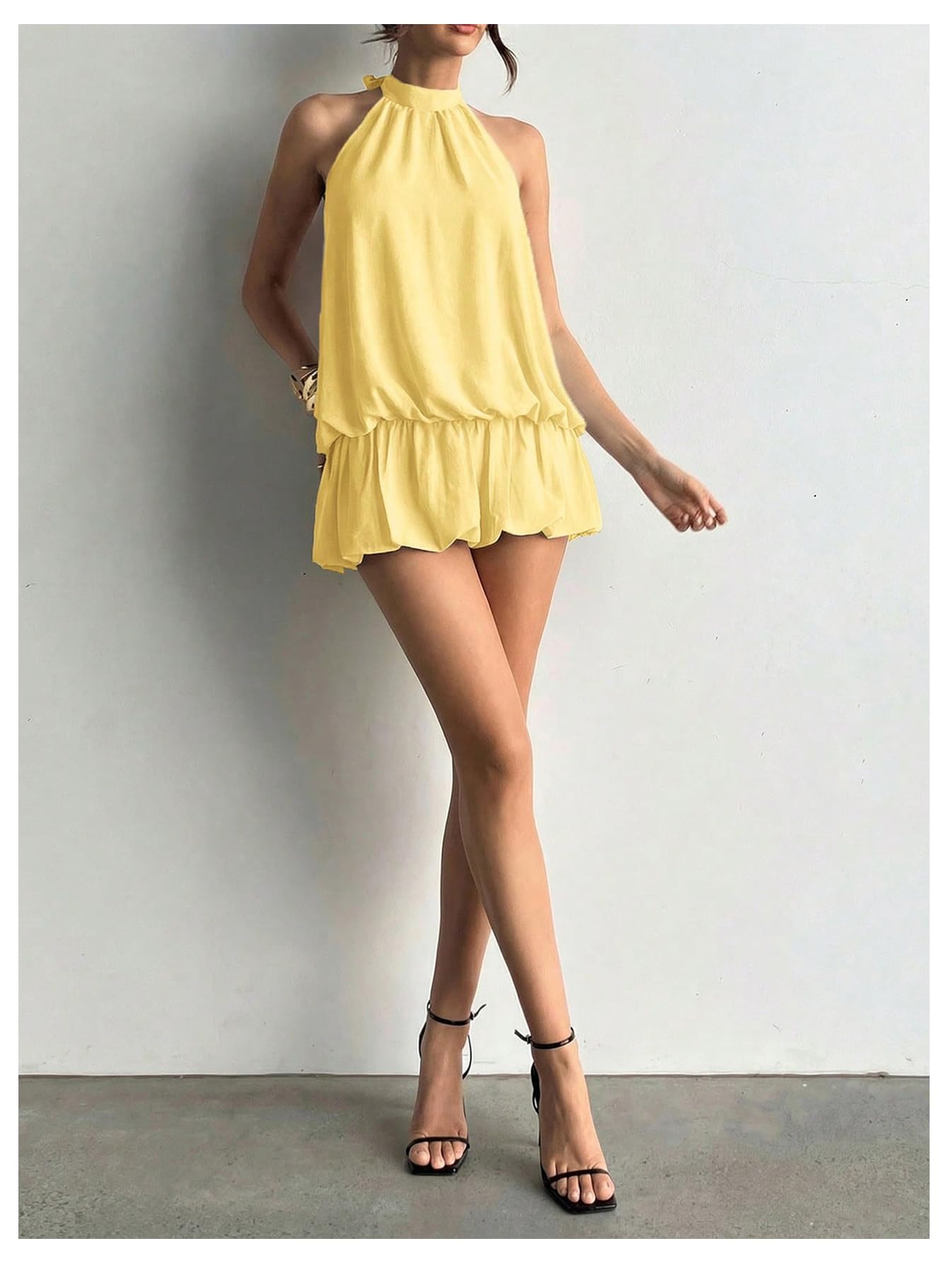 Floerns Women's Y2k Summer Halter Dress Tie Open Back Sleeveless Ruffle Hem Bubble Going Out Mini Dresses