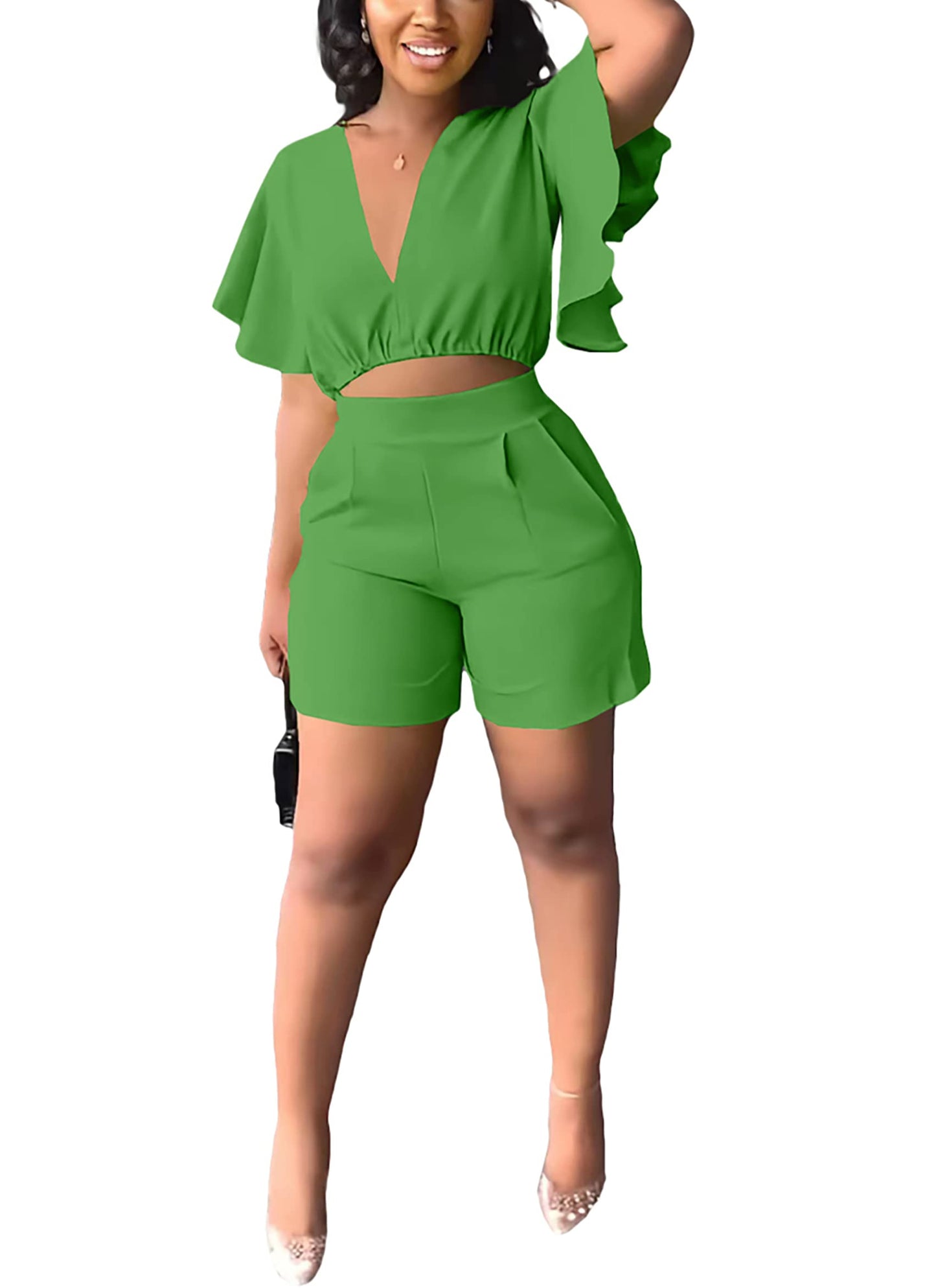 Fooullaide Womens Summer 2 Piece Outfit Set Crop Top Butterfly Sleeve Short Set Sexy Beach Vacation 2pc Sets