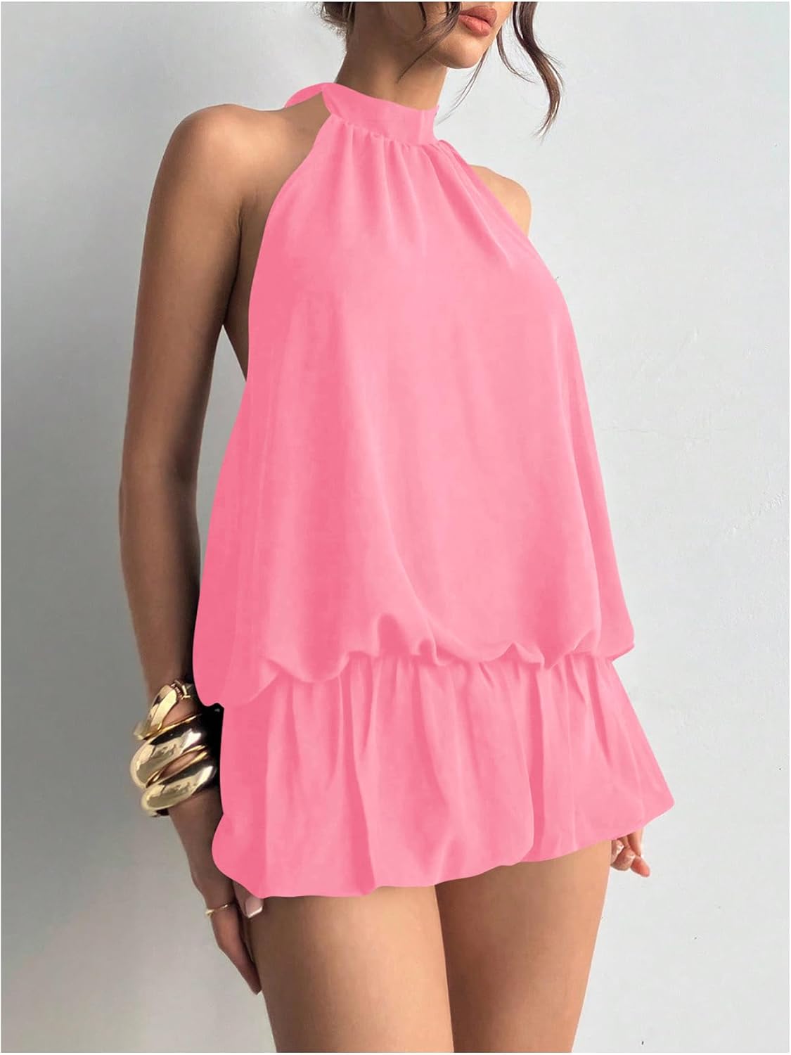 Floerns Women's Y2k Summer Halter Dress Tie Open Back Sleeveless Ruffle Hem Bubble Going Out Mini Dresses