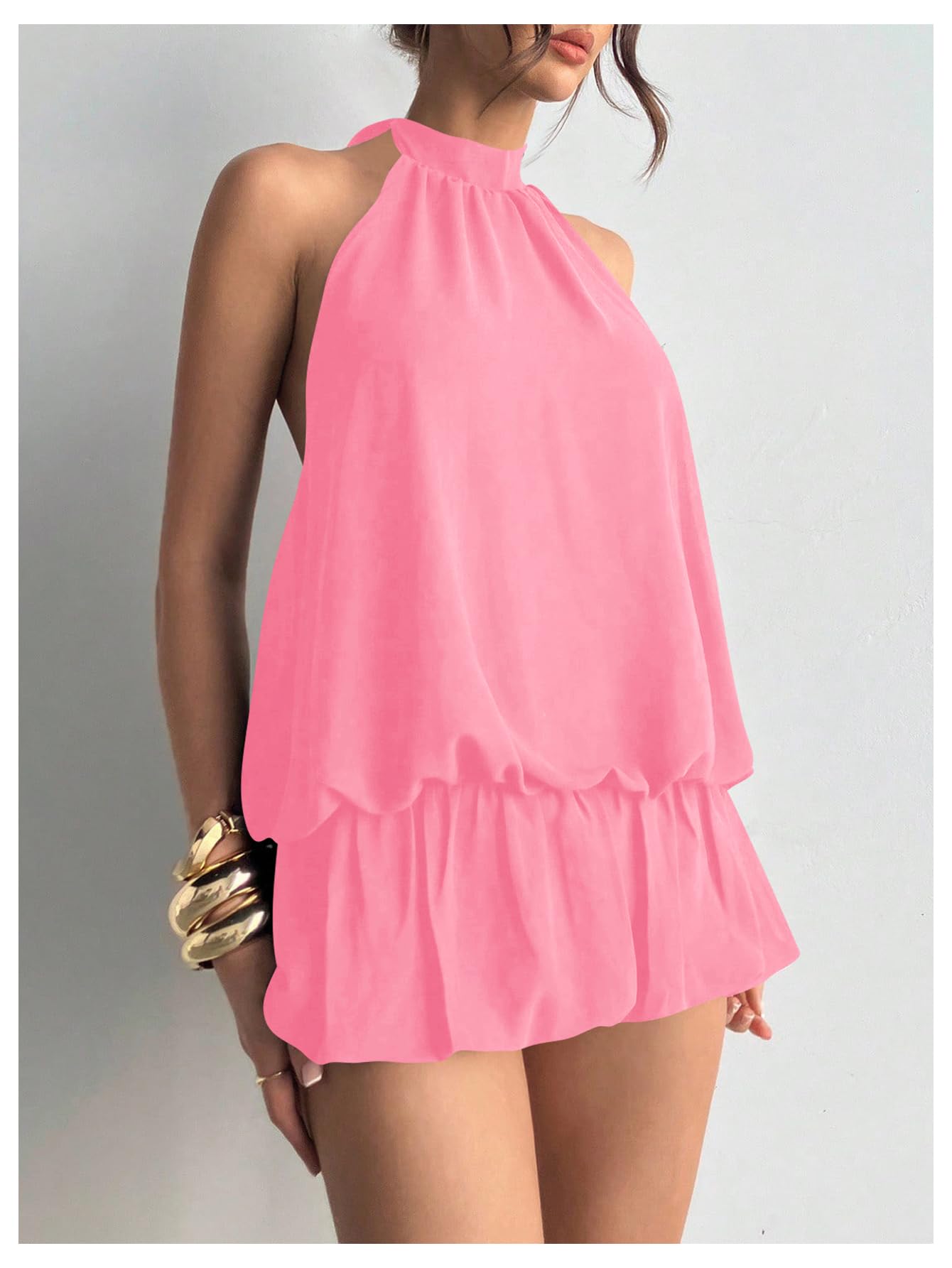 Floerns Women's Y2k Summer Halter Dress Tie Open Back Sleeveless Ruffle Hem Bubble Going Out Mini Dresses