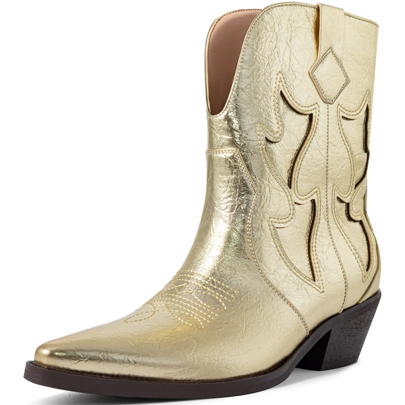 Cowboy Boots for Women Pointed Toe Pull On Boots Metallic Embroidered Western Cowgirl Boots with Chunky Heel for Wide Calf