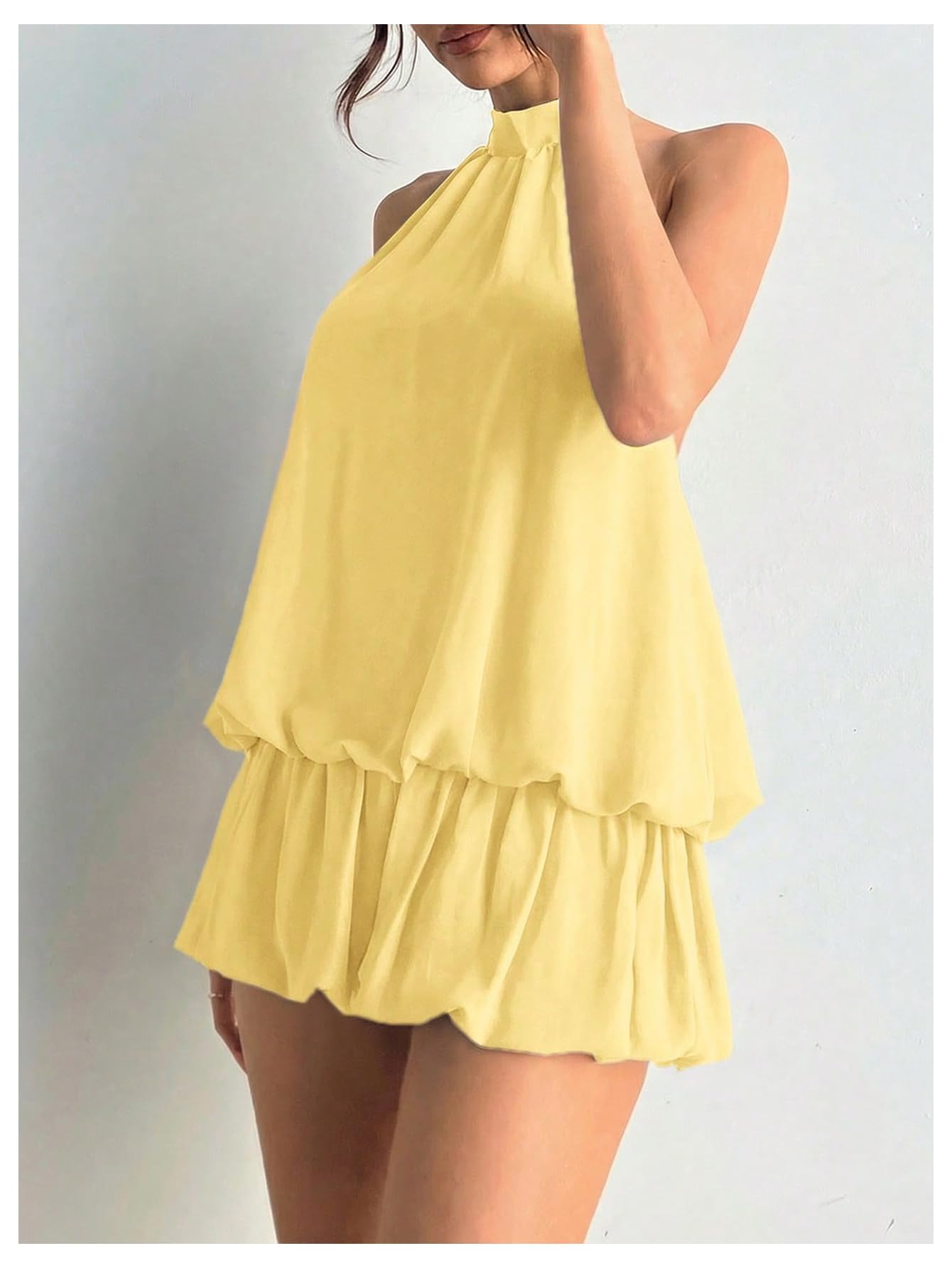 Floerns Women's Y2k Summer Halter Dress Tie Open Back Sleeveless Ruffle Hem Bubble Going Out Mini Dresses
