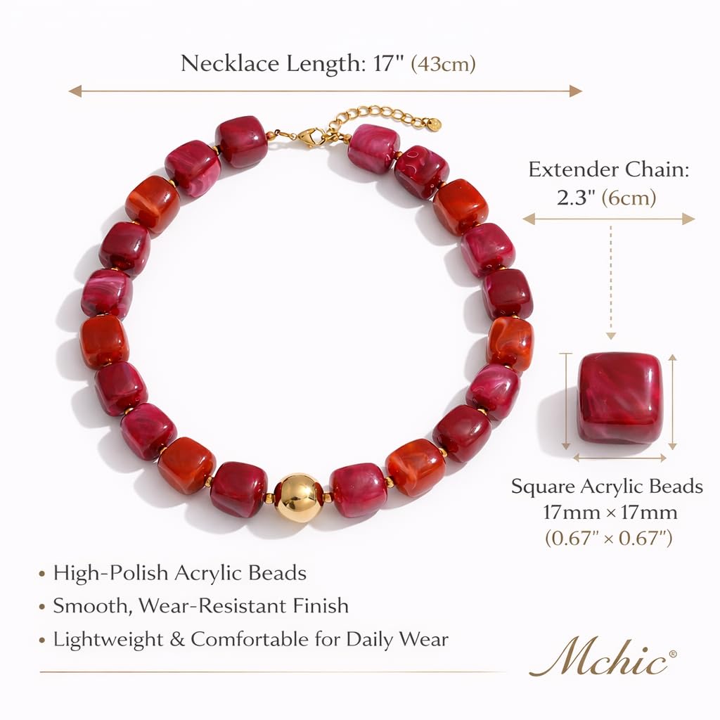 Mchic Colorful Beaded Choker Necklace for Women: Boho Large Square Acrylic Beaded Necklace Stainless Steel Adjustable Surfer Beach Strand Necklces Summer Handmade Jewelry Gift for Women