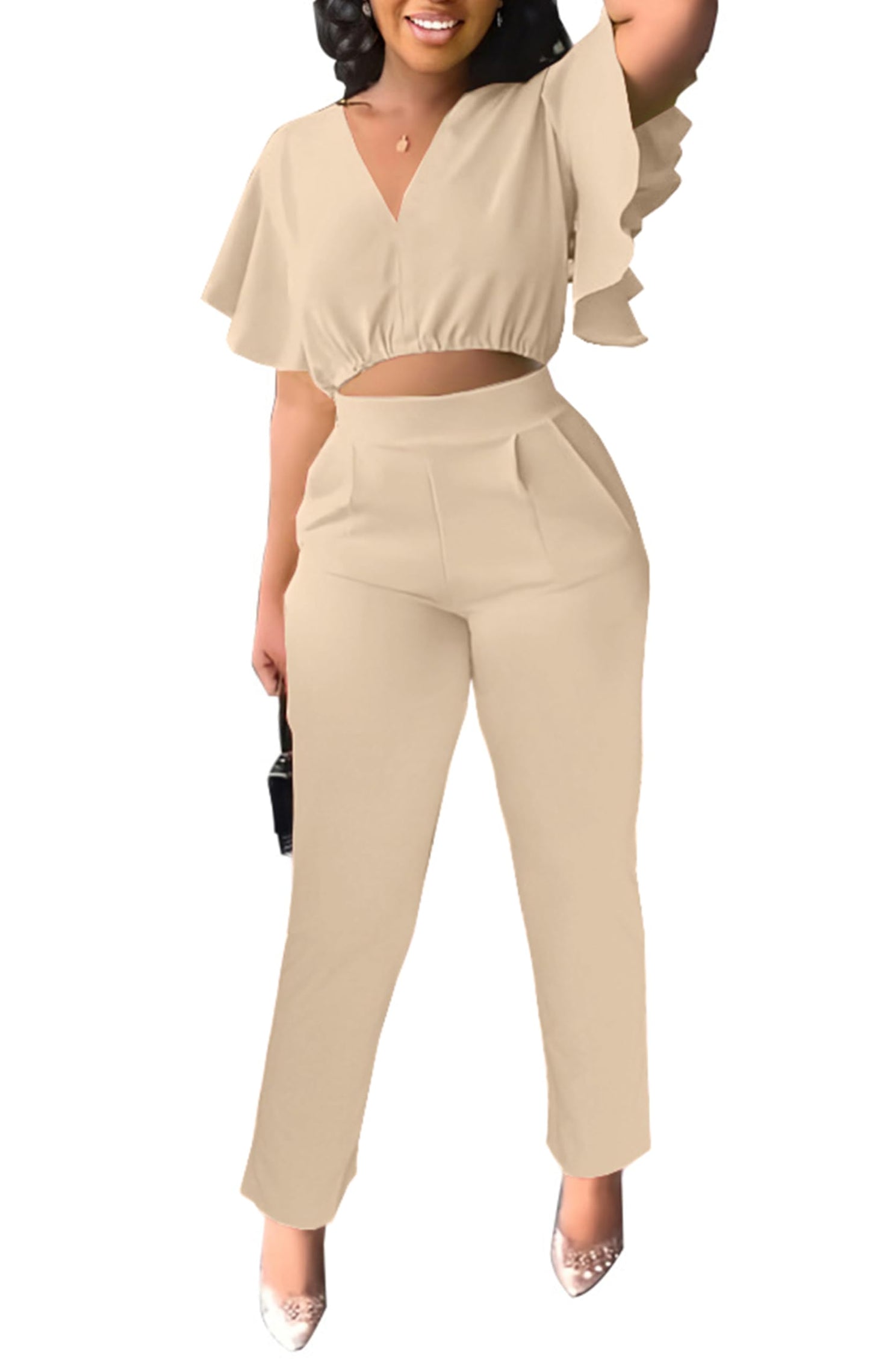 Fooullaide Womens Summer 2 Piece Outfit Set Crop Top Butterfly Sleeve Short Set Sexy Beach Vacation 2pc Sets