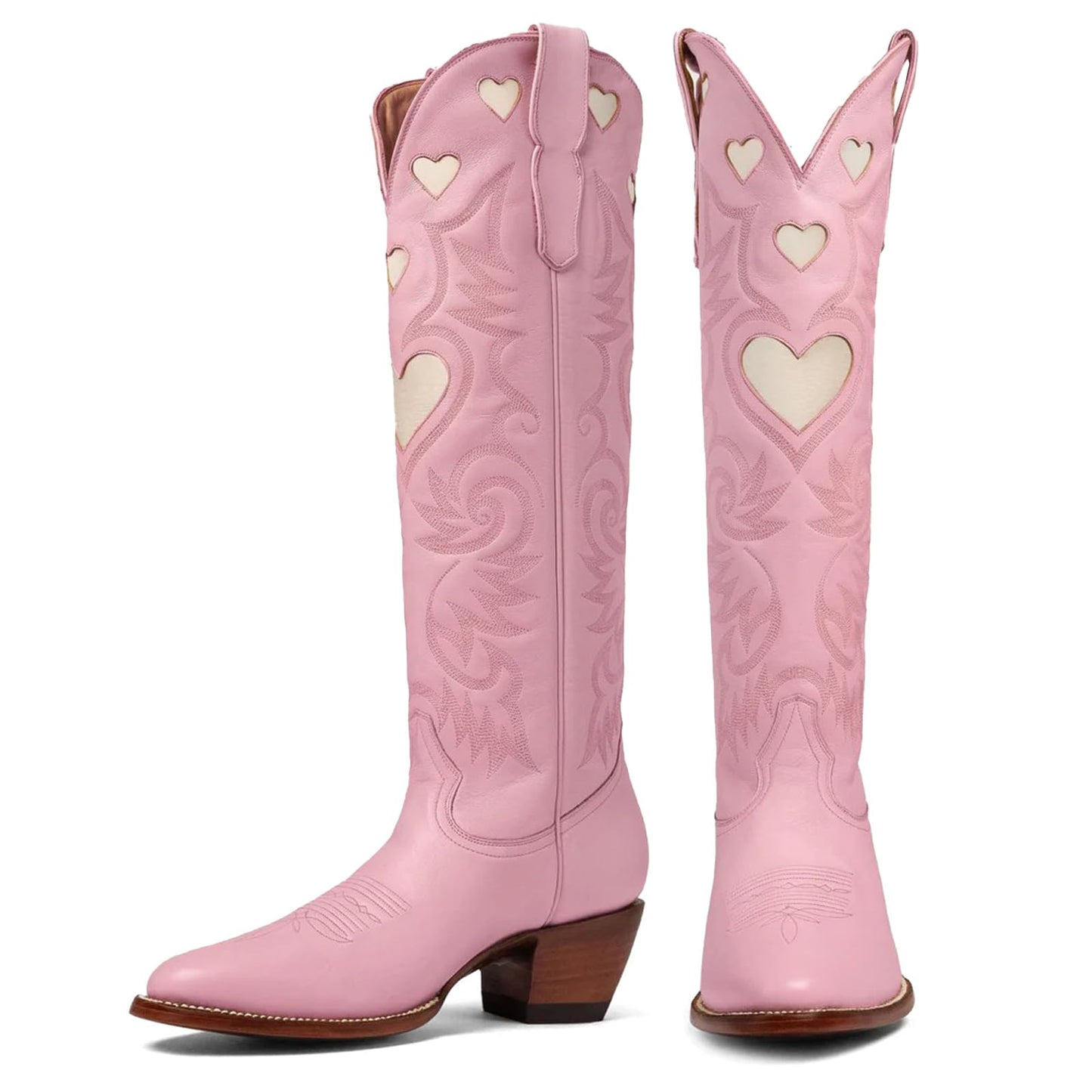 Cowboy Boots for Women Wide Calf Round Toe Chunky Stacked Heel Knee High Cowgirl Boot Heart Pattern Classic Embroidered Tall Western Booties Pull on
