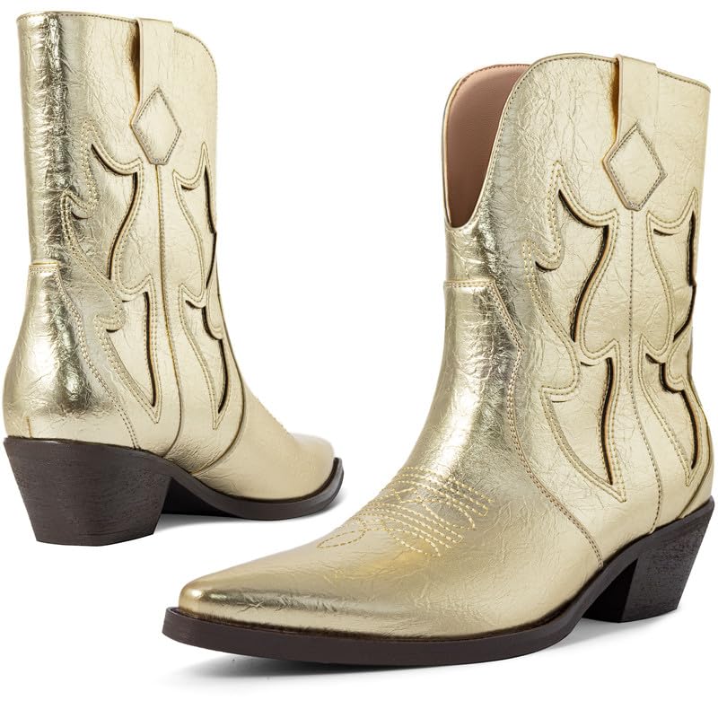 Cowboy Boots for Women Pointed Toe Pull On Boots Metallic Embroidered Western Cowgirl Boots with Chunky Heel for Wide Calf