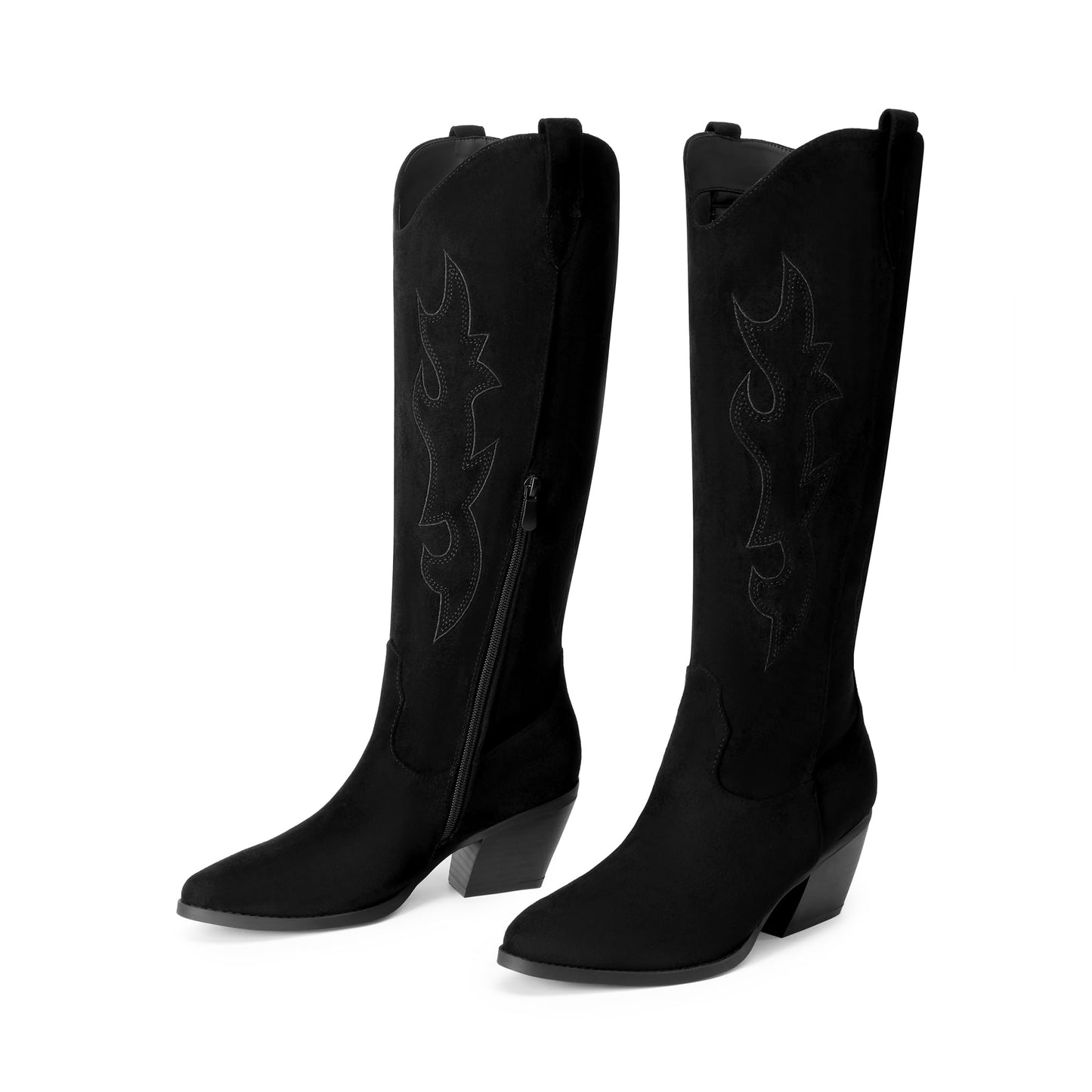 DREAM PAIRS Cowgirl Boots Women Knee High Cowboy Boots Pointed Toe Chunky Block Heel Suede Tall Western Boots with Embroidered