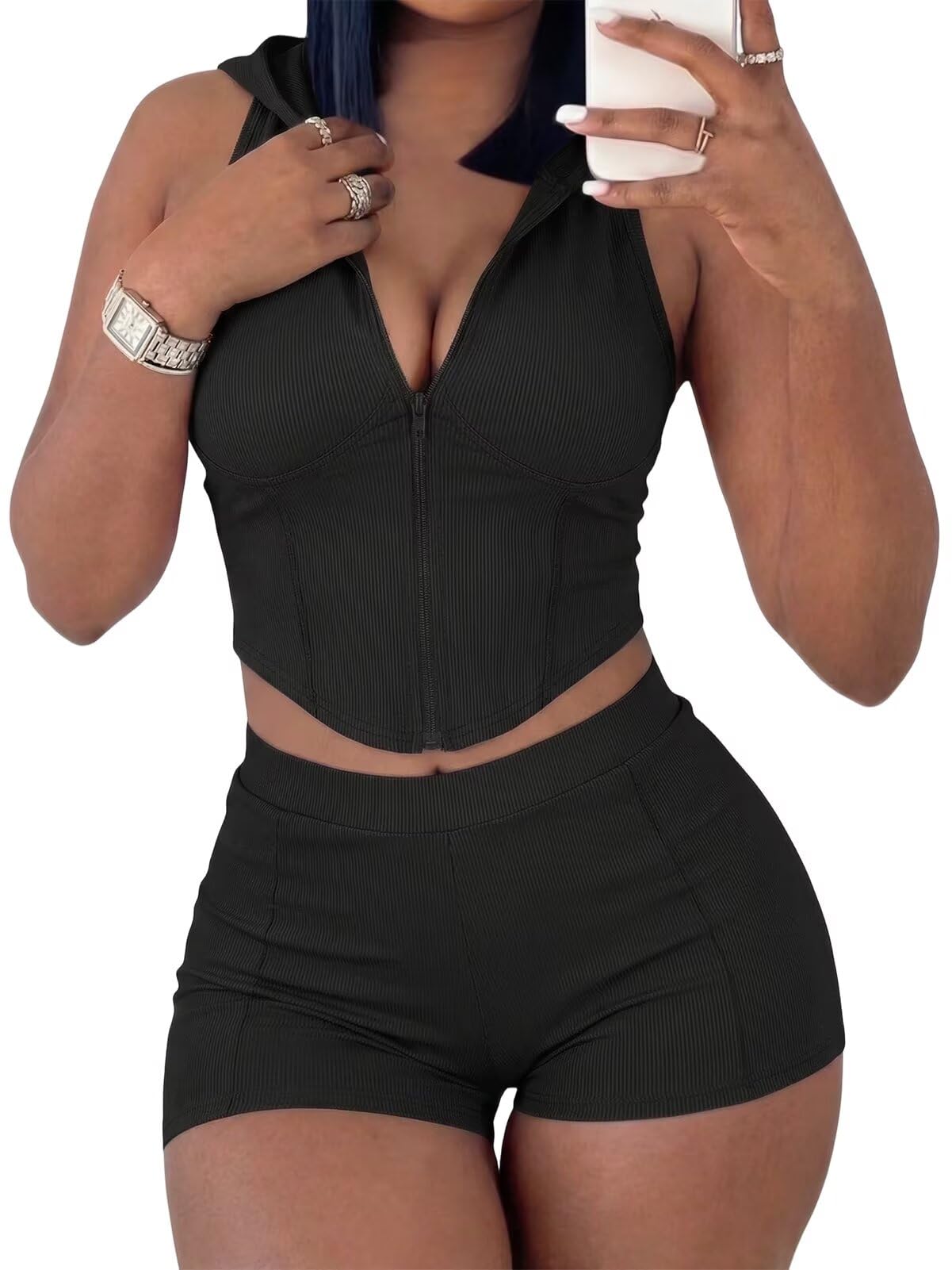 Women's 2 Piece Short Sets Sleeveless Hoodied Tops Ribbed Workout Set Summer Tracksuit Loungewear