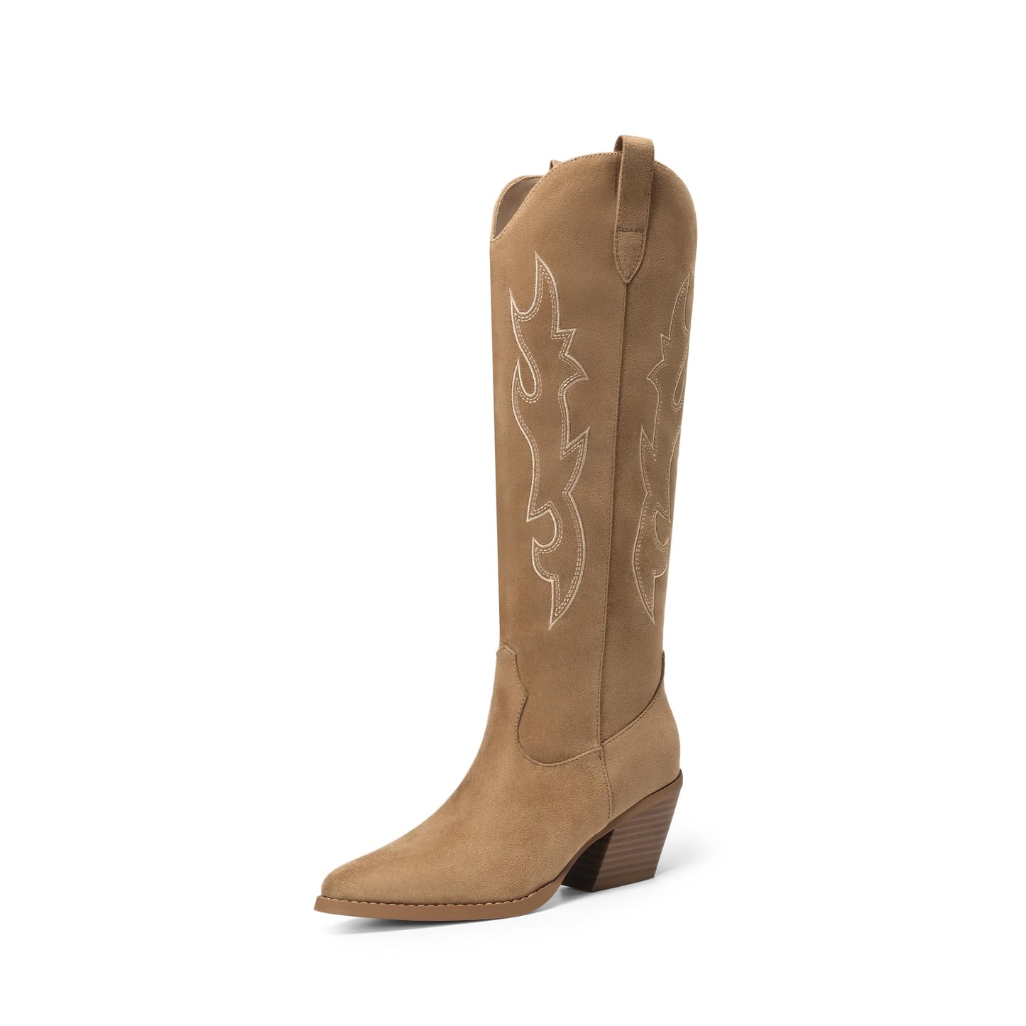 DREAM PAIRS Cowgirl Boots Women Knee High Cowboy Boots Pointed Toe Chunky Block Heel Suede Tall Western Boots with Embroidered