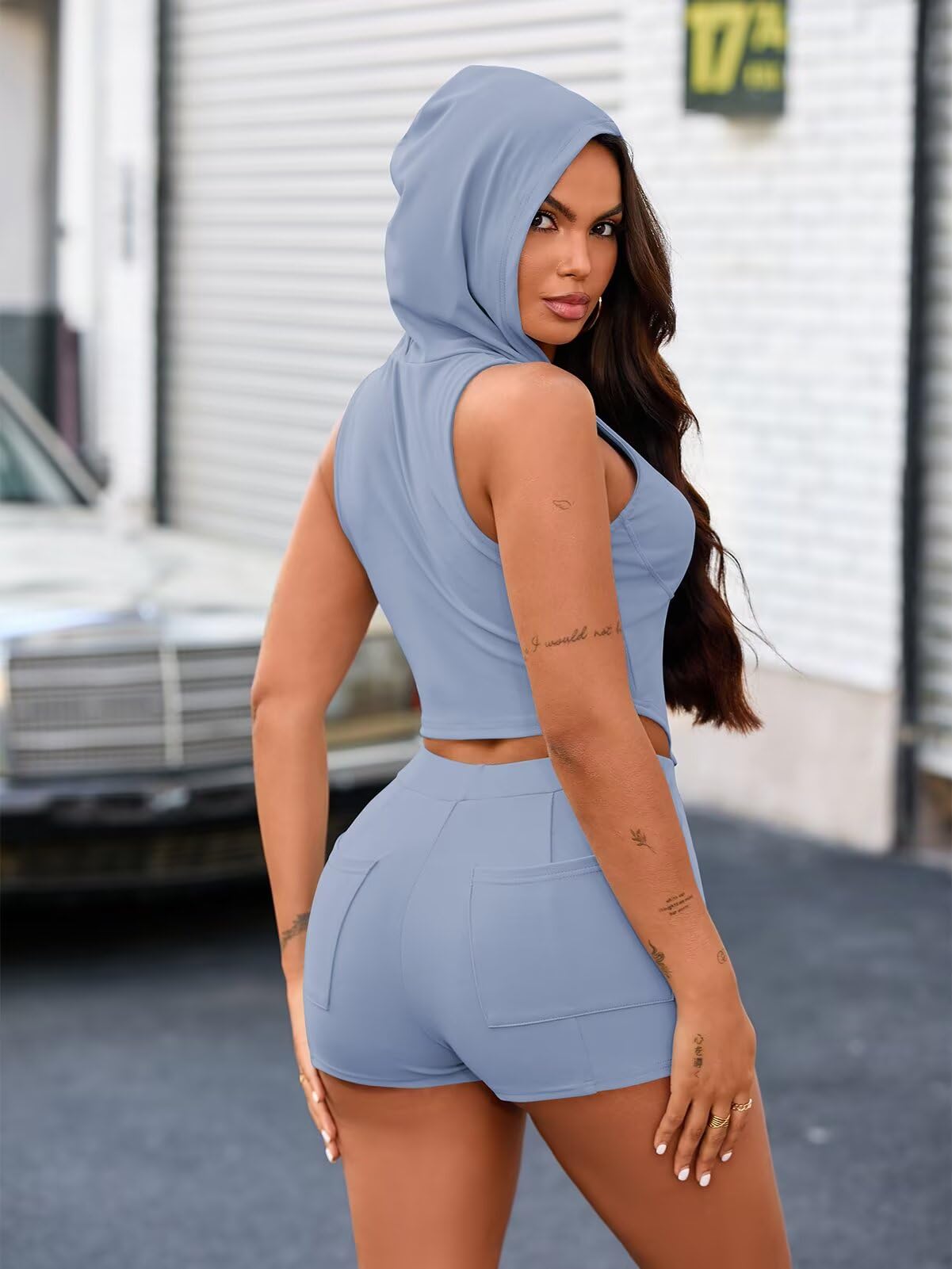 Women's 2 Piece Short Sets Sleeveless Hoodied Tops Ribbed Workout Set Summer Tracksuit Loungewear