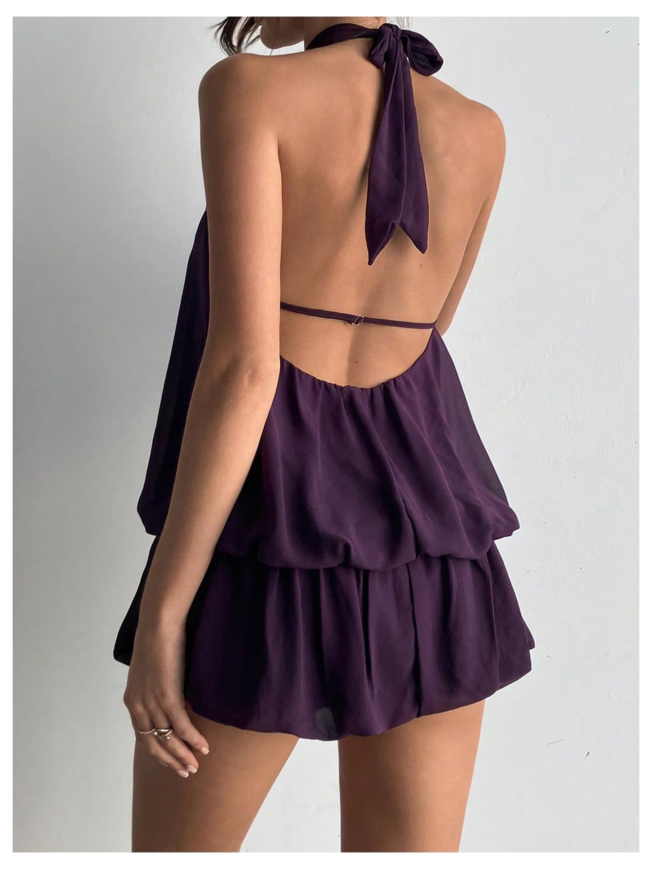 Floerns Women's Y2k Summer Halter Dress Tie Open Back Sleeveless Ruffle Hem Bubble Going Out Mini Dresses
