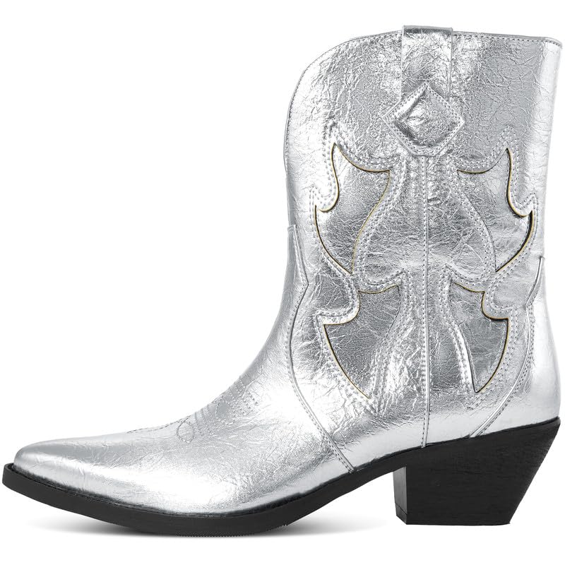 Cowboy Boots for Women Pointed Toe Pull On Boots Metallic Embroidered Western Cowgirl Boots with Chunky Heel for Wide Calf