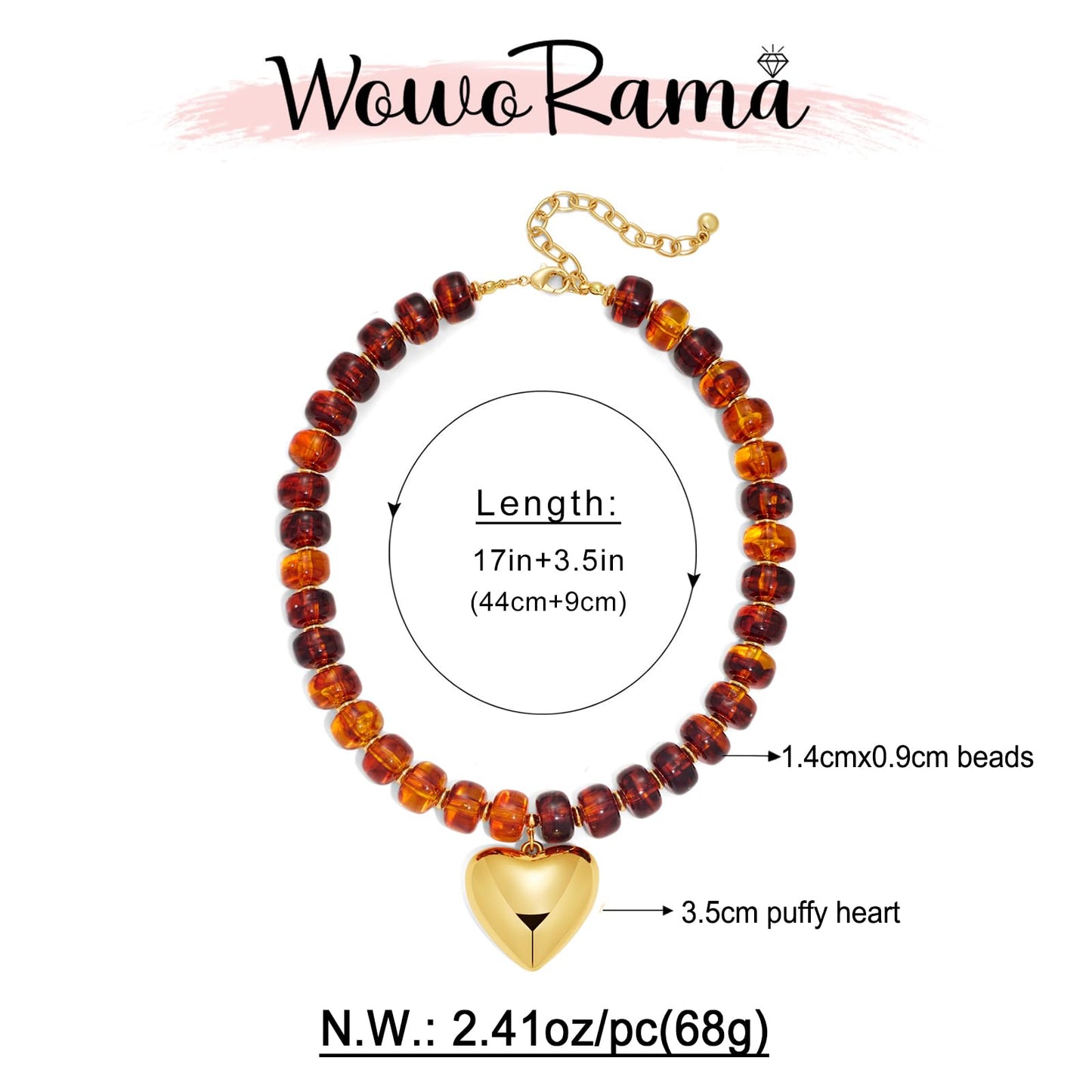 WOWORAMA Chunky Heart Necklaces for Women Colorful Resin Beaded Choker Necklace Gold Puffy Heart Statement Necklace Trendy Acrylic Choker Jewelry