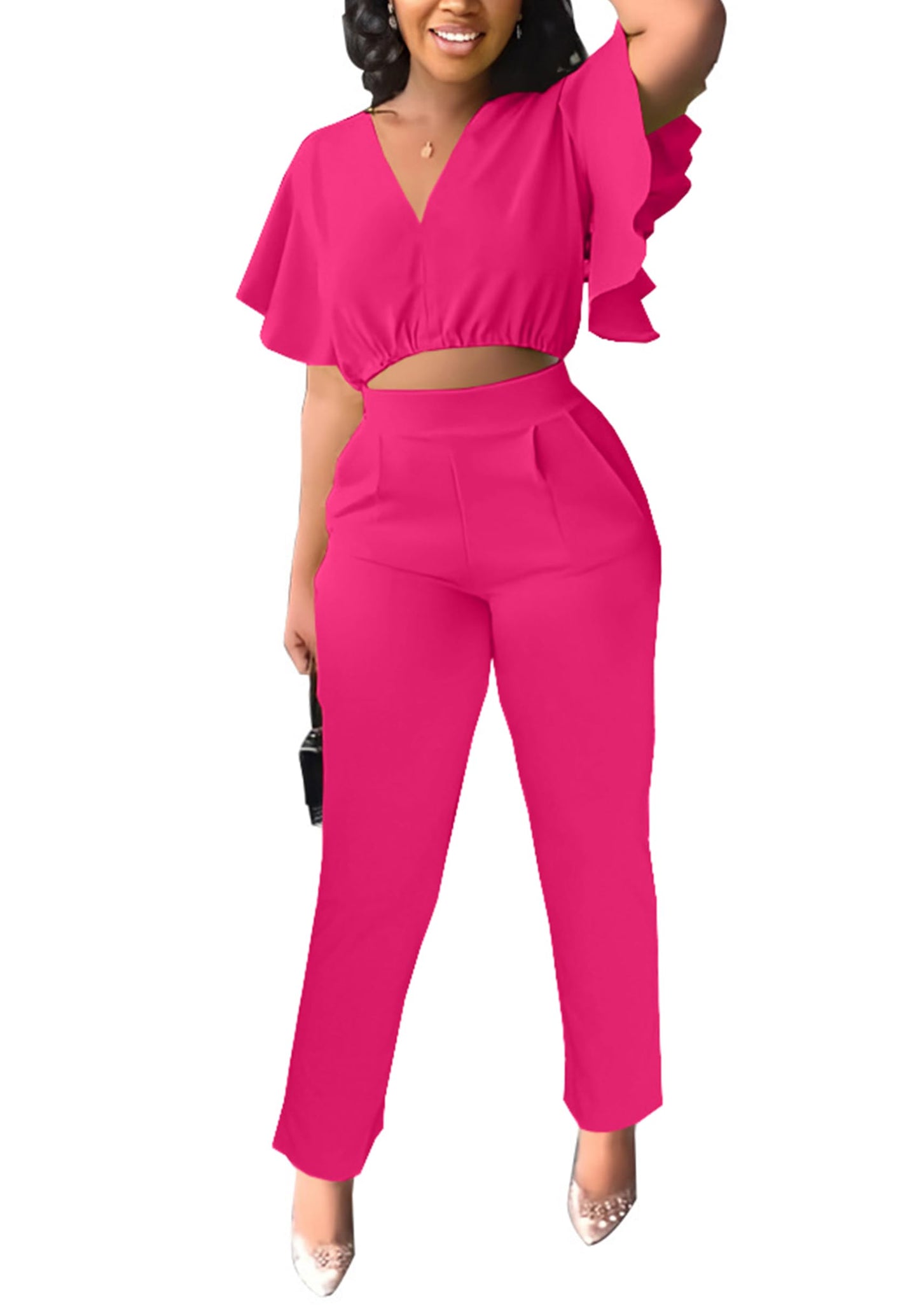 Fooullaide Womens Summer 2 Piece Outfit Set Crop Top Butterfly Sleeve Short Set Sexy Beach Vacation 2pc Sets