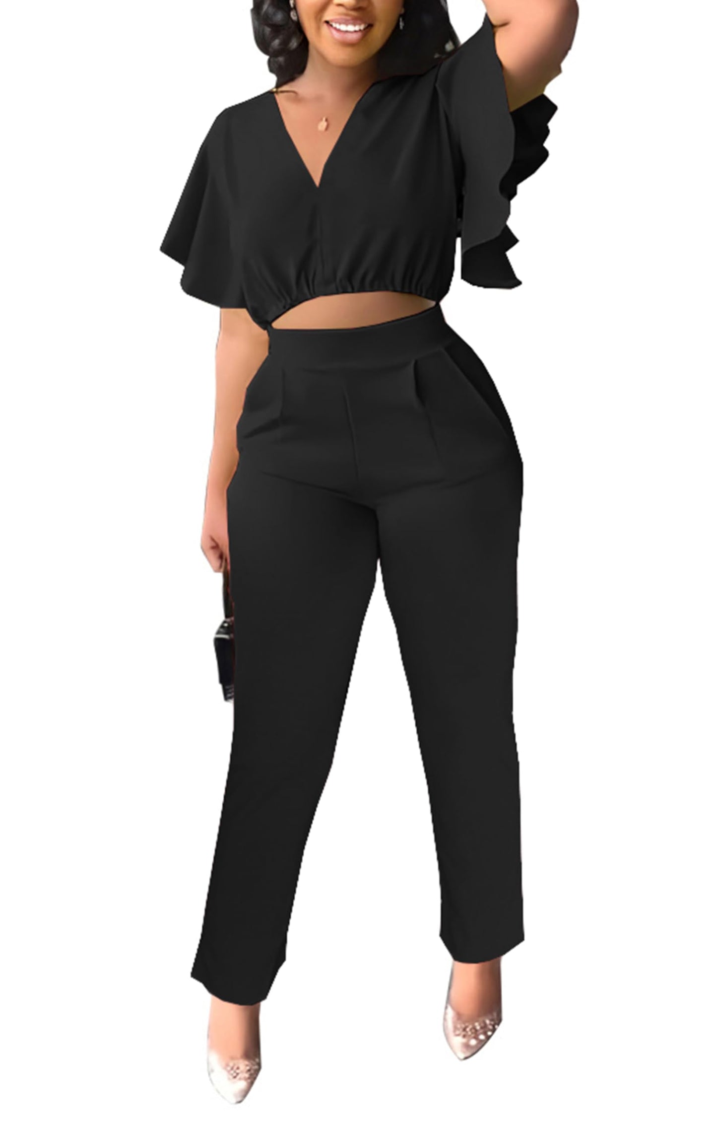 Fooullaide Womens Summer 2 Piece Outfit Set Crop Top Butterfly Sleeve Short Set Sexy Beach Vacation 2pc Sets