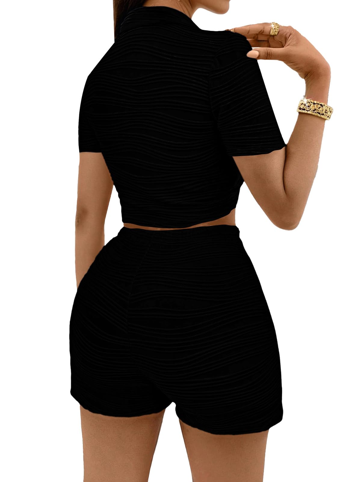 MSLG Women's Sexy 2 Piece Set Solid Summer Bodycon Suit Casual Tie Front Short Sleeve V Neck Crop Top Shorts Outfits Sets S42
