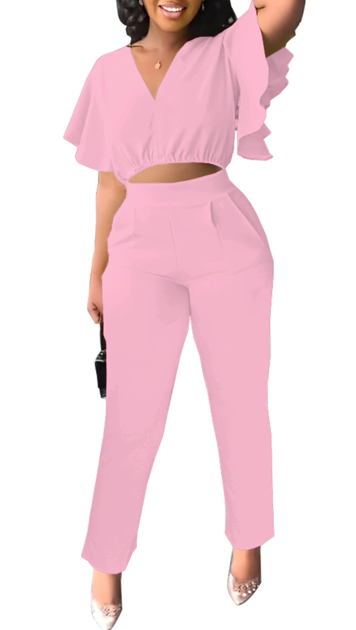 Fooullaide Womens Summer 2 Piece Outfit Set Crop Top Butterfly Sleeve Short Set Sexy Beach Vacation 2pc Sets