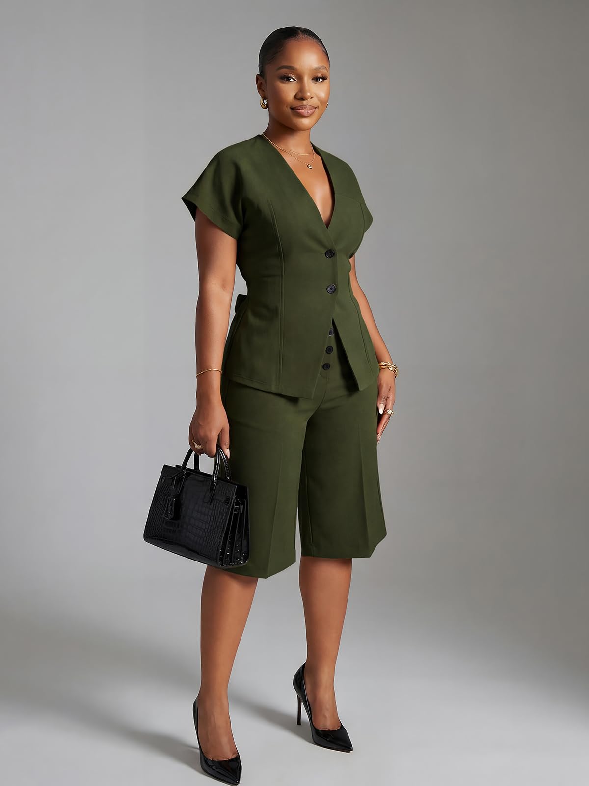 Women's Summer 2 Pieces Suits Set Short Sleeve Blazer Wide Leg Knee-Length Pants Sets Business Casual Outfit